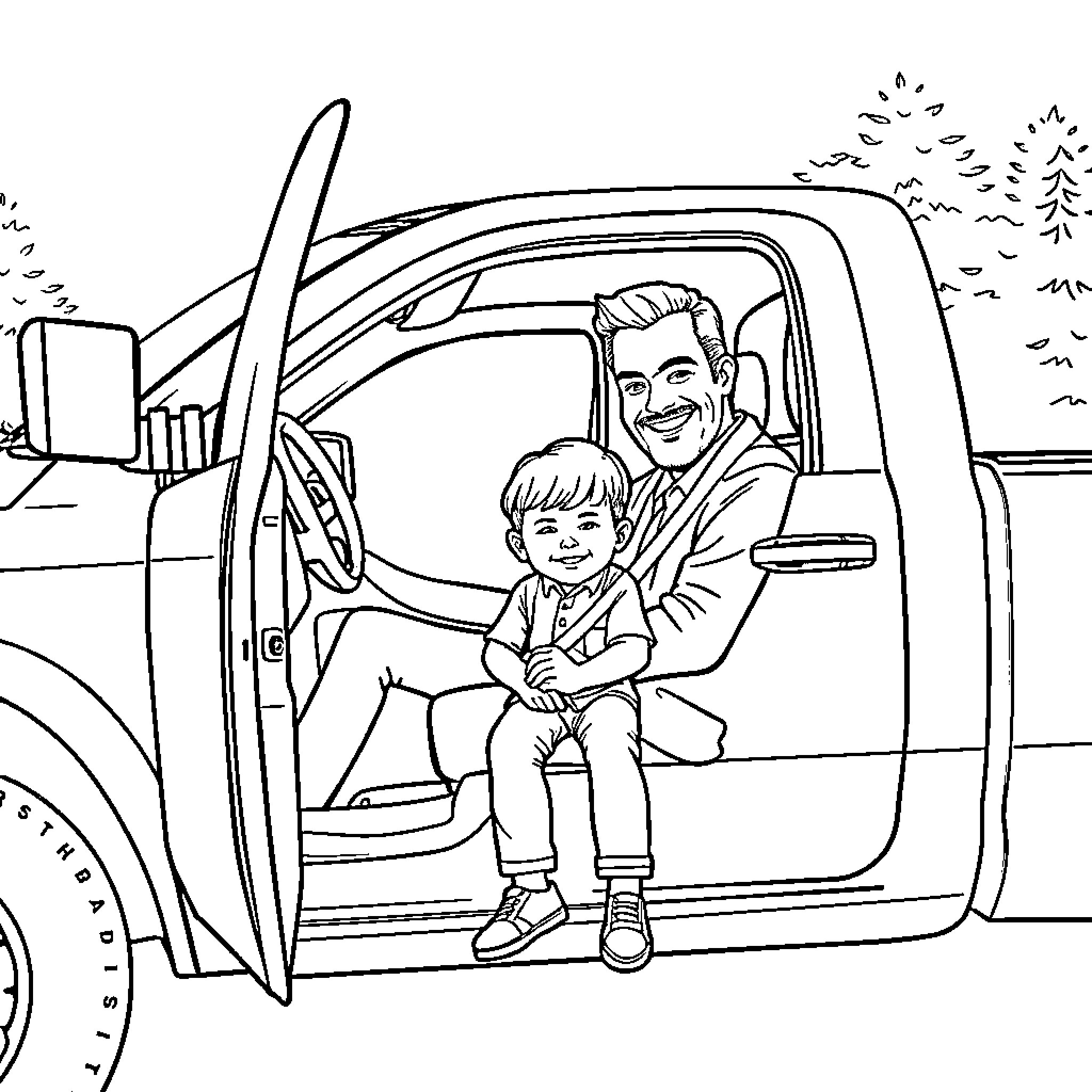 Dodge Ram father and son enjoying scenic road trip Coloring Page (free black-and-white line drawing printable PDF for all, from beginners to advanced learners, including children, teens, adults, and seniors)