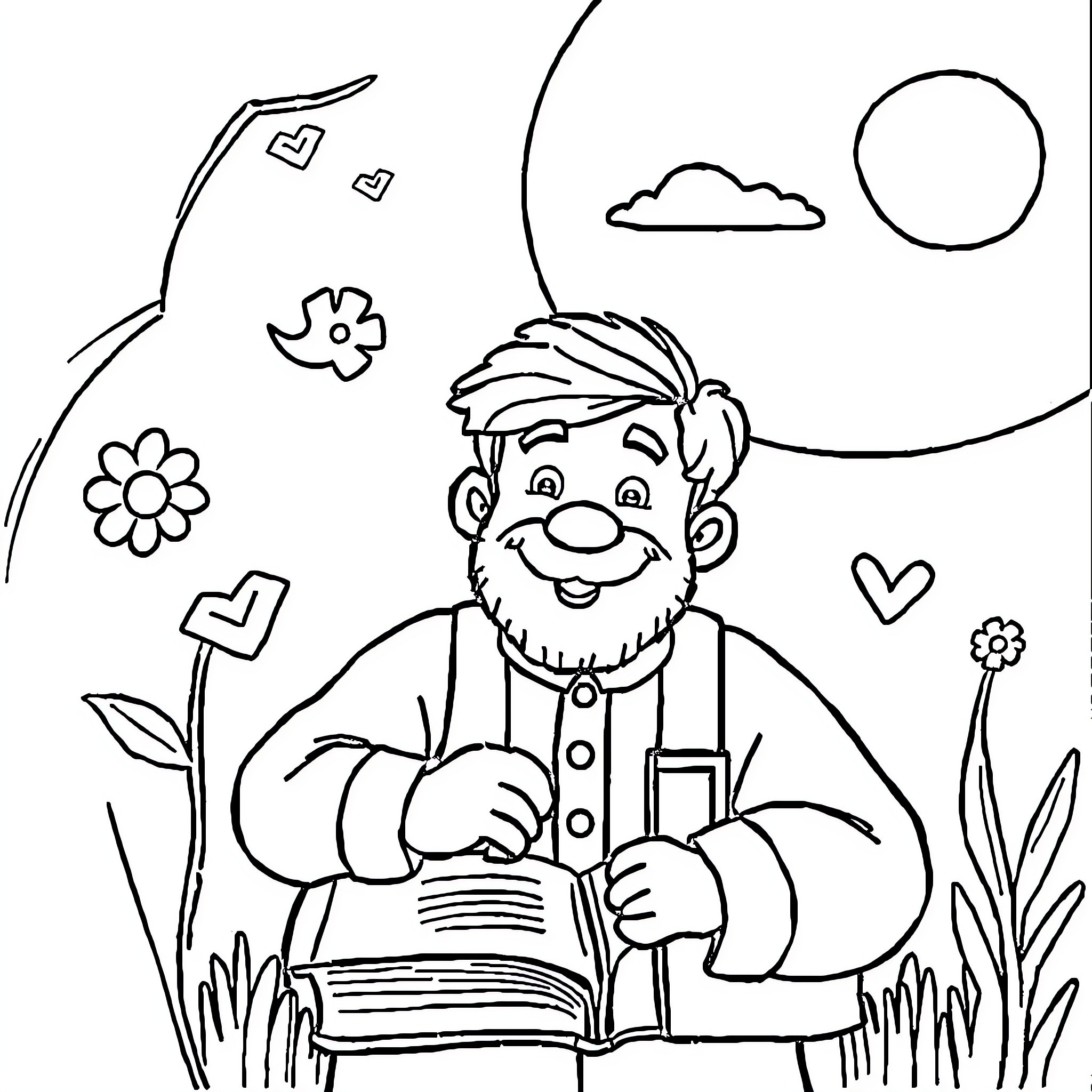 Study Material on Friendly Old Man Reading Book in Nature Coloring Page (free black-and-white line drawing printable PDF for all, from beginners to advanced learners, including children, teens, adults, and seniors)