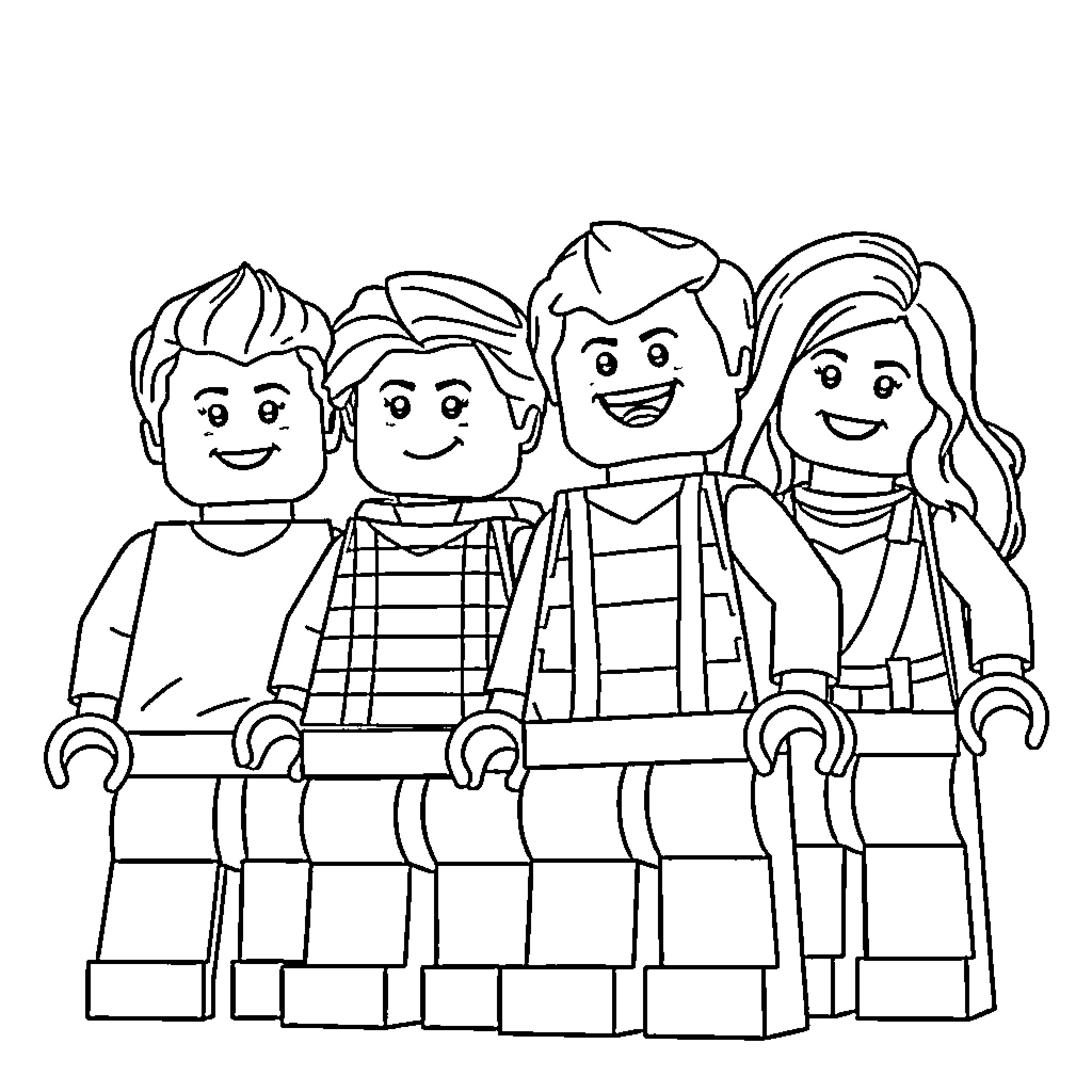 LEGO Family posing happily together Coloring Page (free black-and-white line drawing printable PDF for all, from beginners to advanced learners, including children, teens, adults, and seniors)