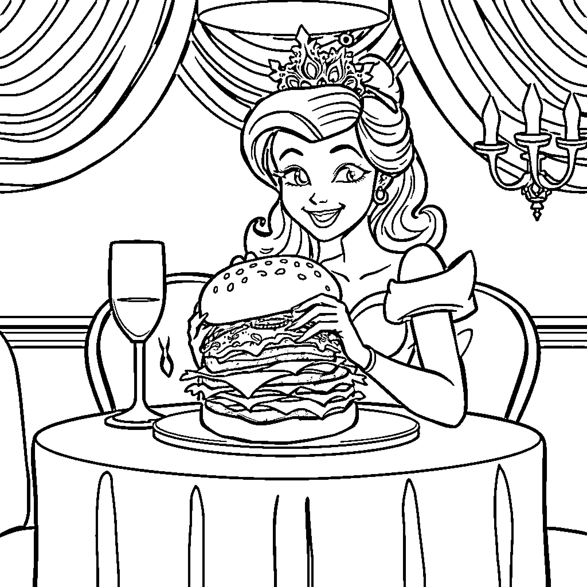Princess Enjoying a Delightful Meal Coloring Page (free black-and-white line drawing printable PDF for all, from beginners to advanced learners, including children, teens, adults, and seniors)