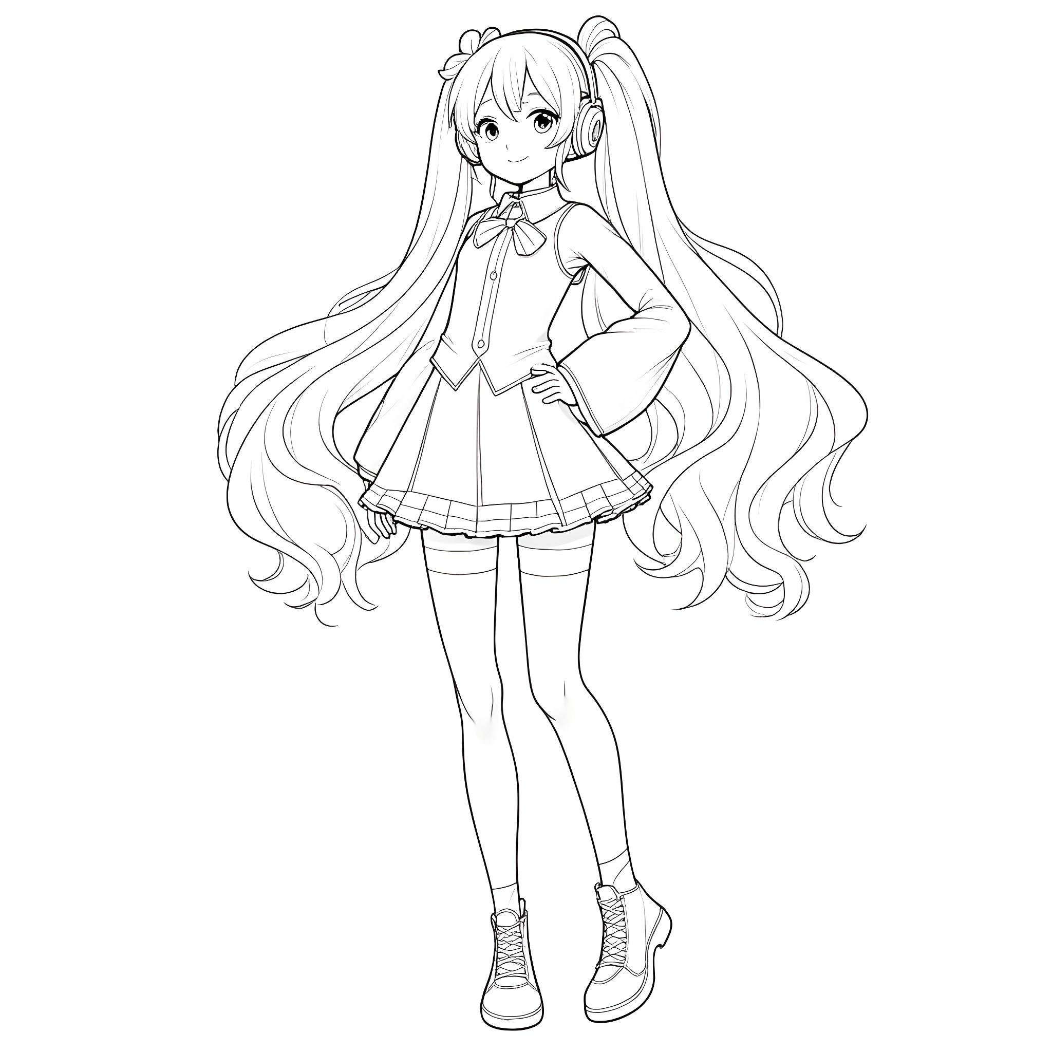 Hatsune Miku in a Whimsical Outfit and Pose Coloring Page (free black-and-white line drawing printable PDF for all, from beginners to advanced learners, including children, teens, adults, and seniors)