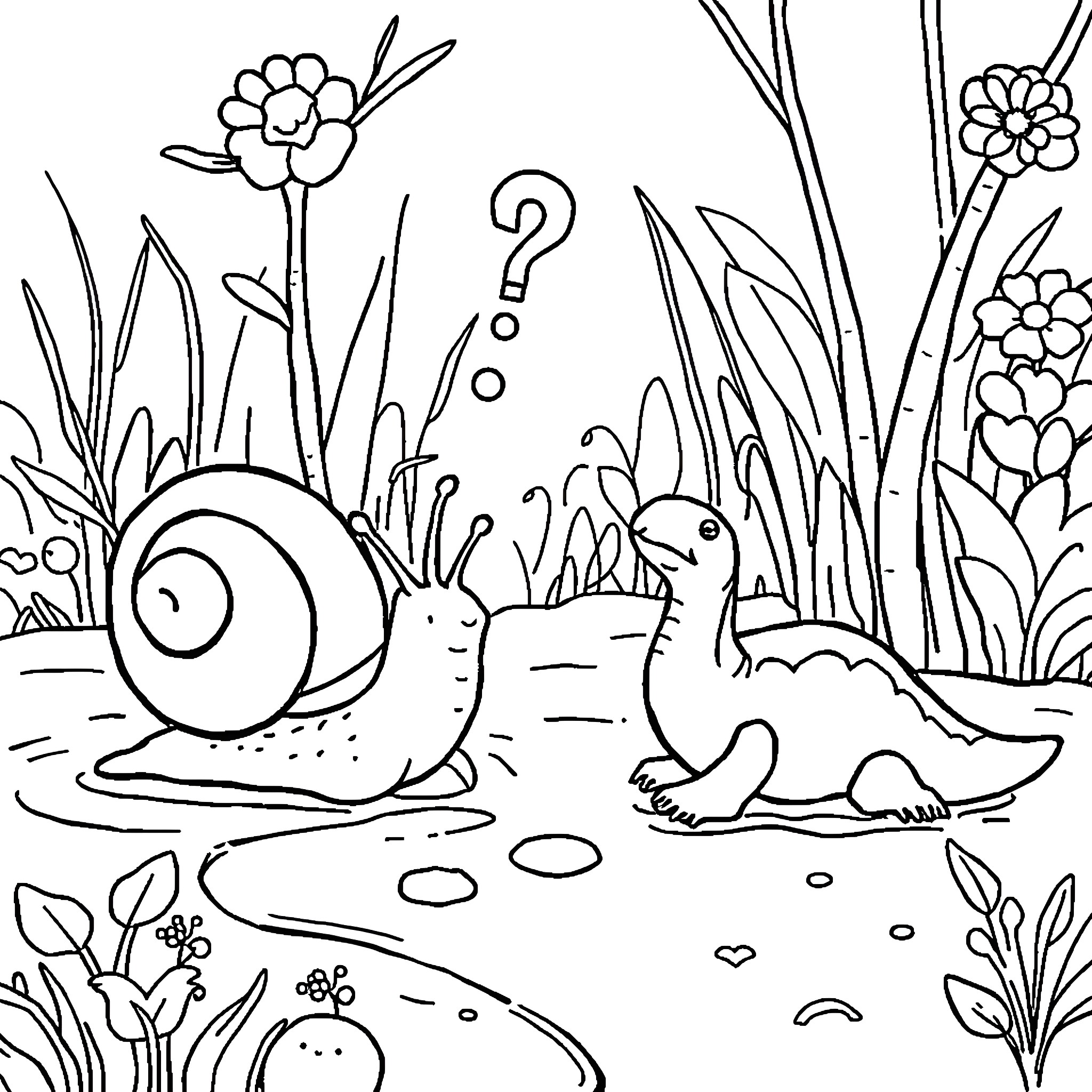 Snail exploring pond with curious companions Coloring Page (free black-and-white line drawing printable PDF for all, from beginners to advanced learners, including children, teens, adults, and seniors)