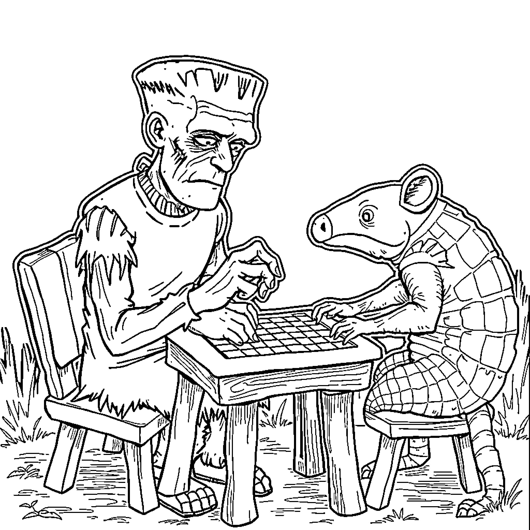 Frankenstein's Monster and Creature Playing Chess in Nature Coloring Page (free black-and-white line drawing printable PDF for all, from beginners to advanced learners, including children, teens, adults, and seniors)
