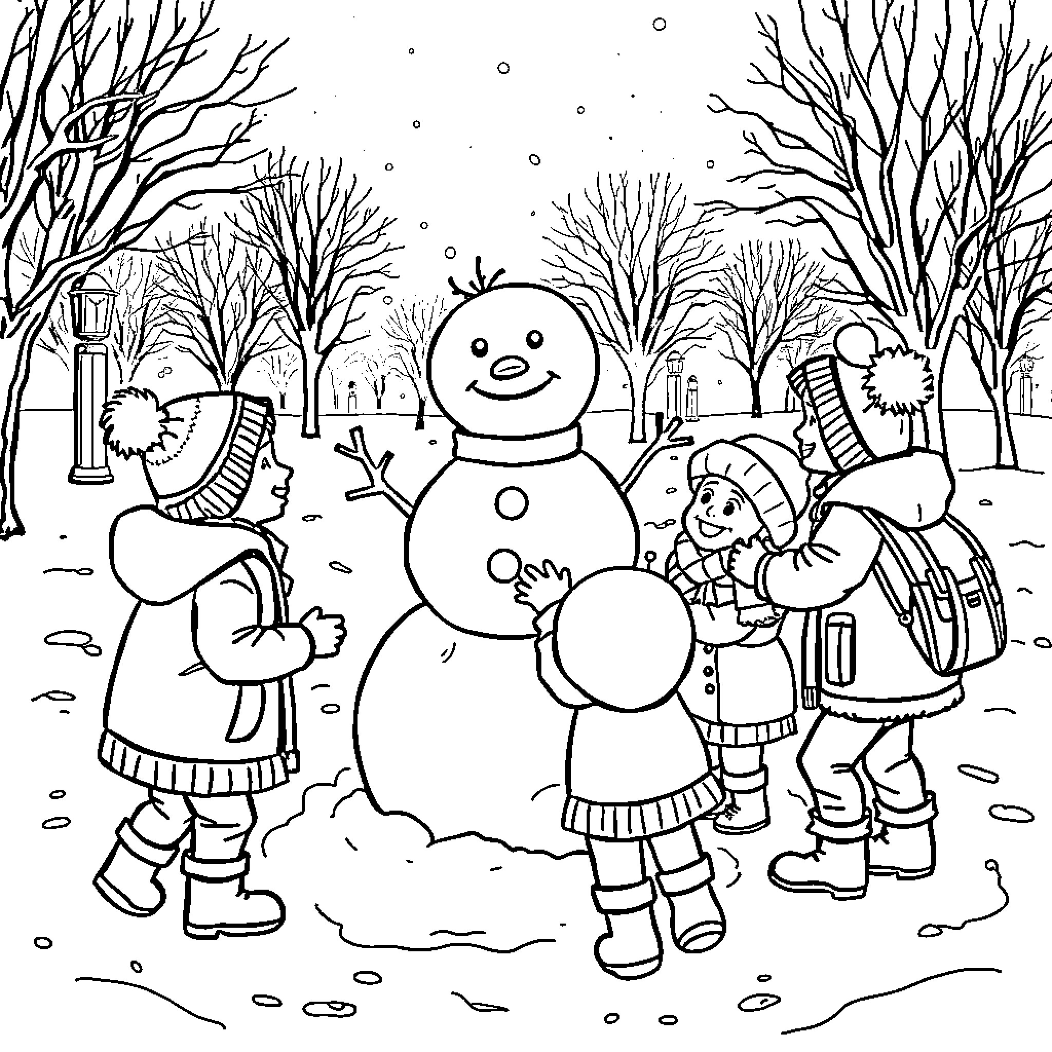 Kid playing with snowman in a snowy park Coloring Page (free black-and-white line drawing printable PDF for all, from beginners to advanced learners, including children, teens, adults, and seniors)