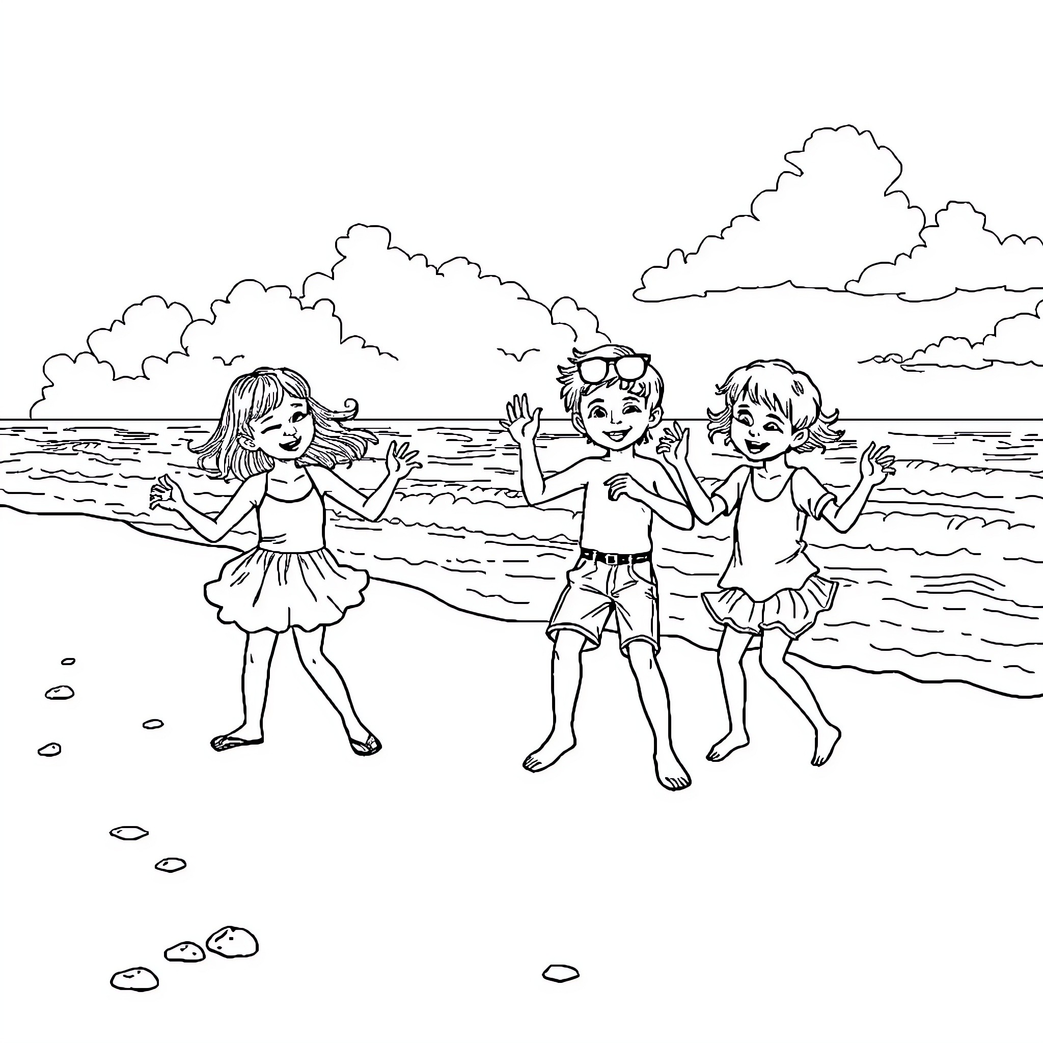 Kid's Joyful Summer Beach Outing Coloring Page (free black-and-white line drawing printable PDF for all, from beginners to advanced learners, including children, teens, adults, and seniors)