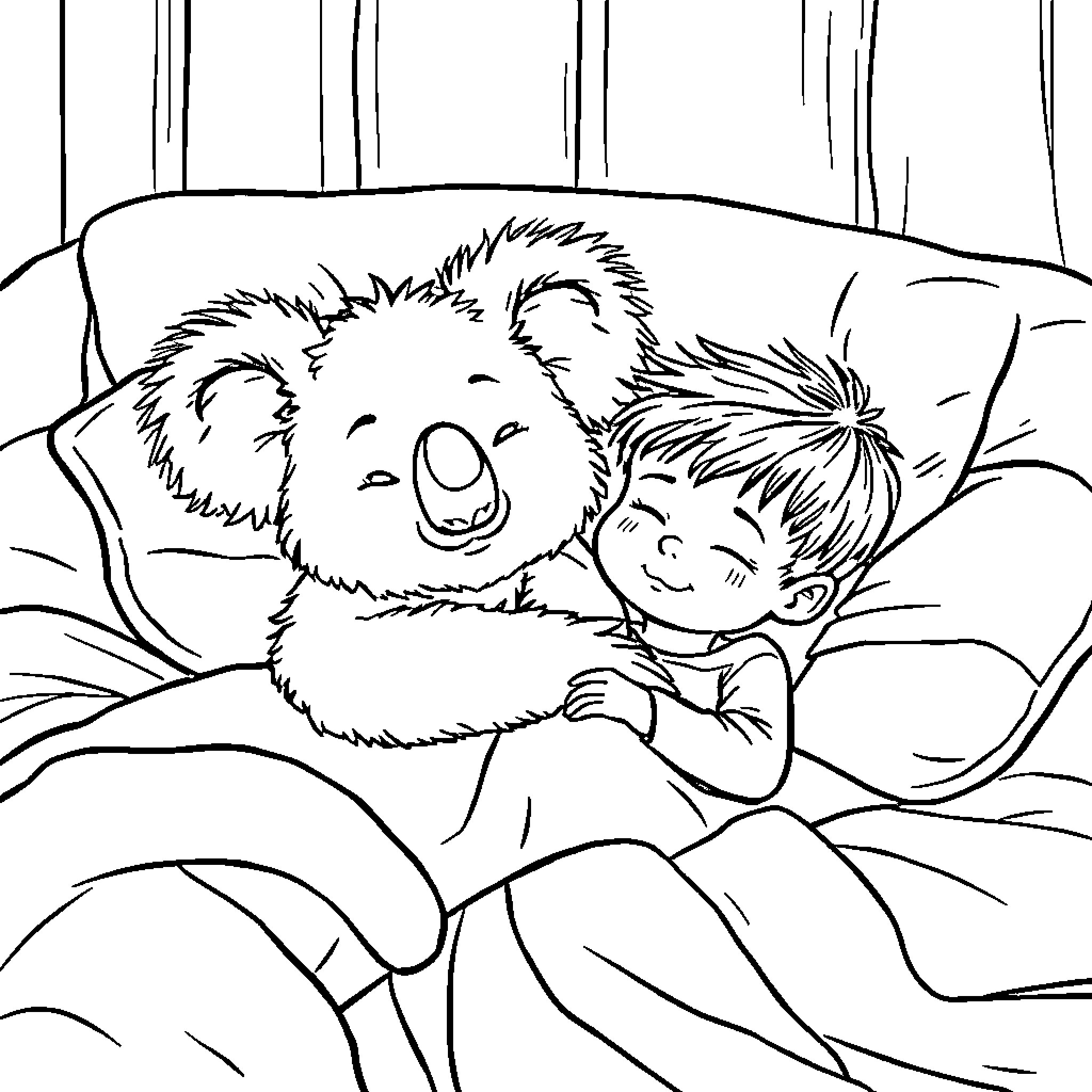 Koala hugging a child in the forest Coloring Page (free black-and-white line drawing printable PDF for all, from beginners to advanced learners, including children, teens, adults, and seniors)
