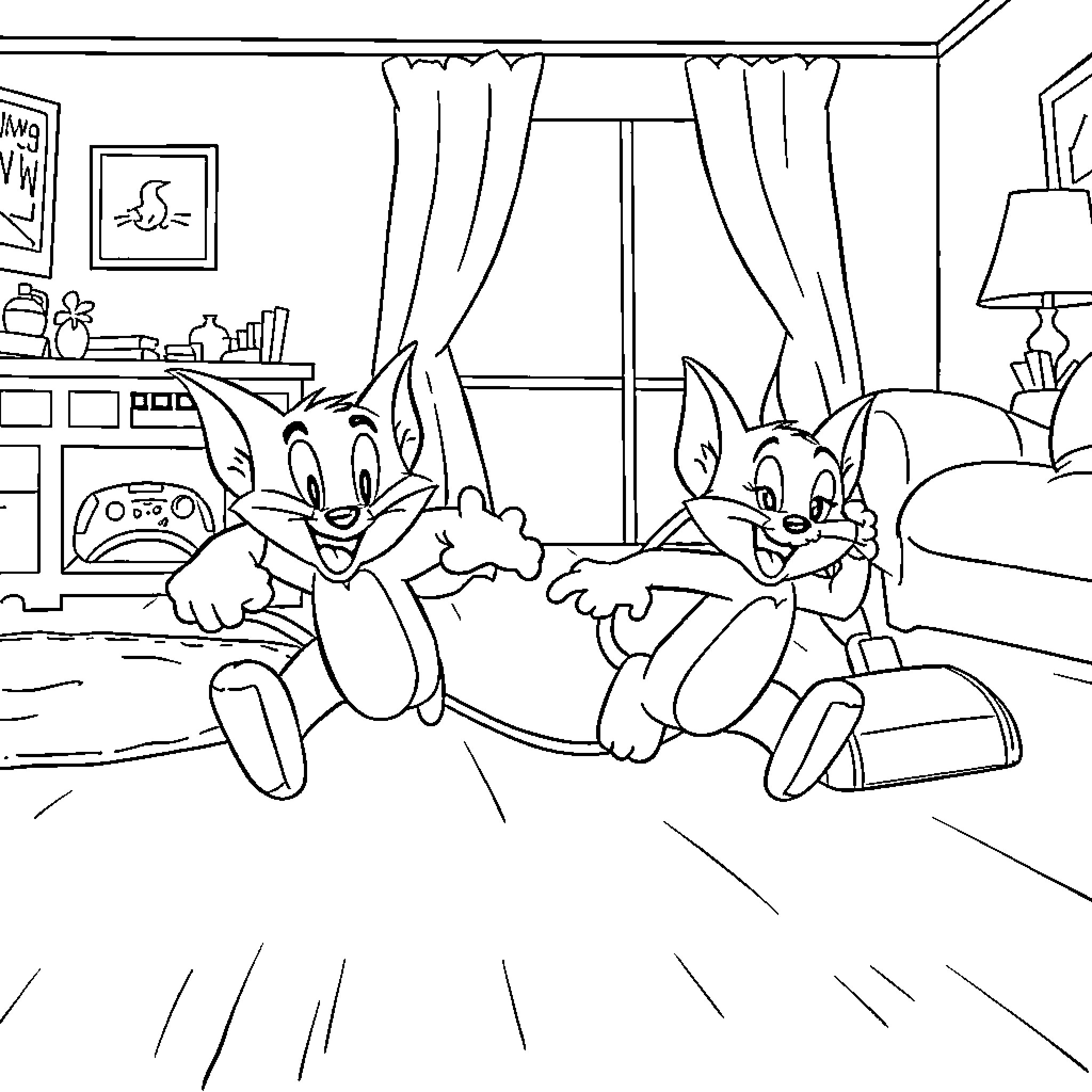 Tom and Jerry playing video games in the living room Coloring Page (free black-and-white line drawing printable PDF for all, from beginners to advanced learners, including children, teens, adults, and seniors)