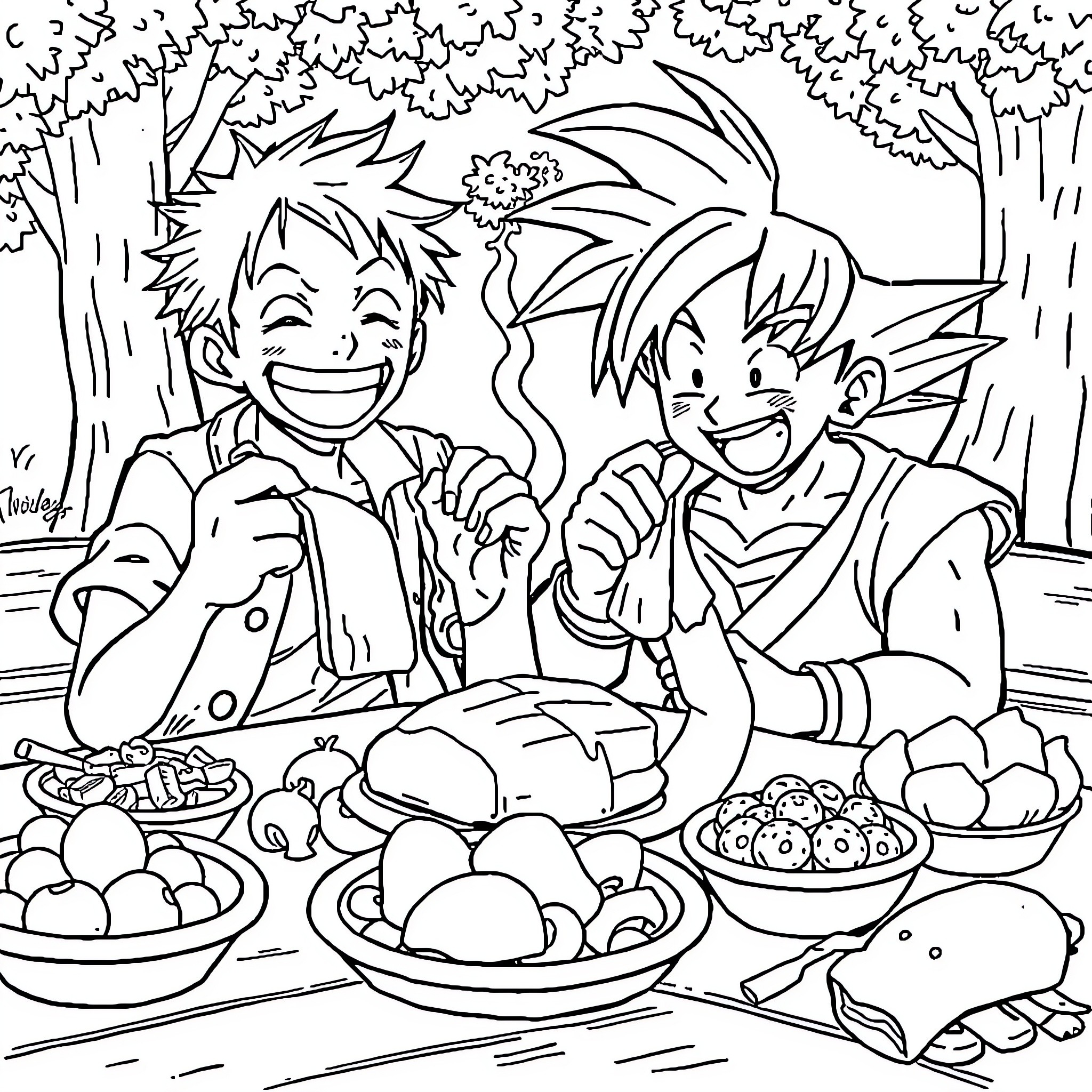 Luffy and Goku Enjoy Outdoor Picnic with Food Coloring Page (free black-and-white line drawing printable PDF for all, from beginners to advanced learners, including children, teens, adults, and seniors)