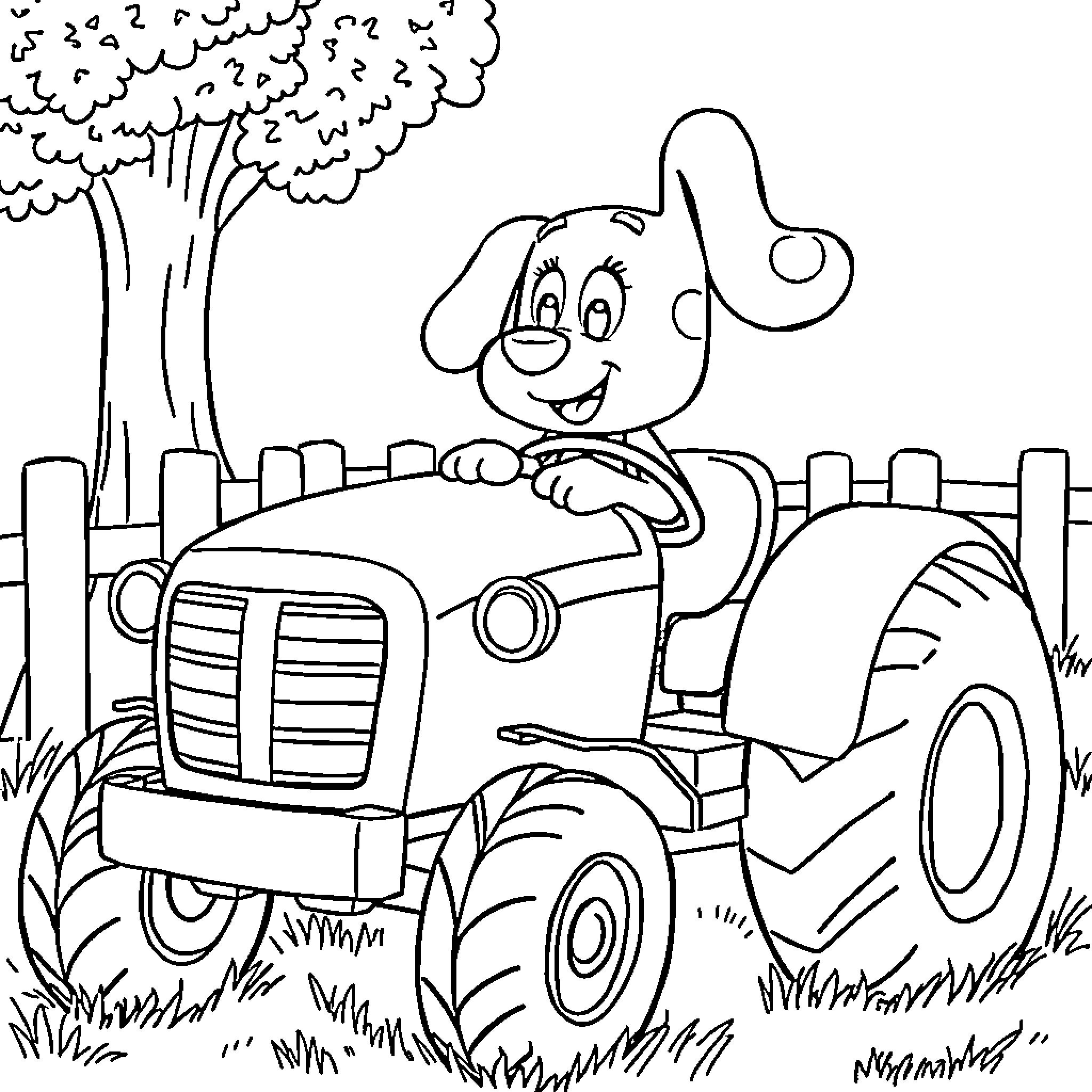 Blue Tractor Driven by a Cheerful Character Coloring Page (free black-and-white line drawing printable PDF for all, from beginners to advanced learners, including children, teens, adults, and seniors)