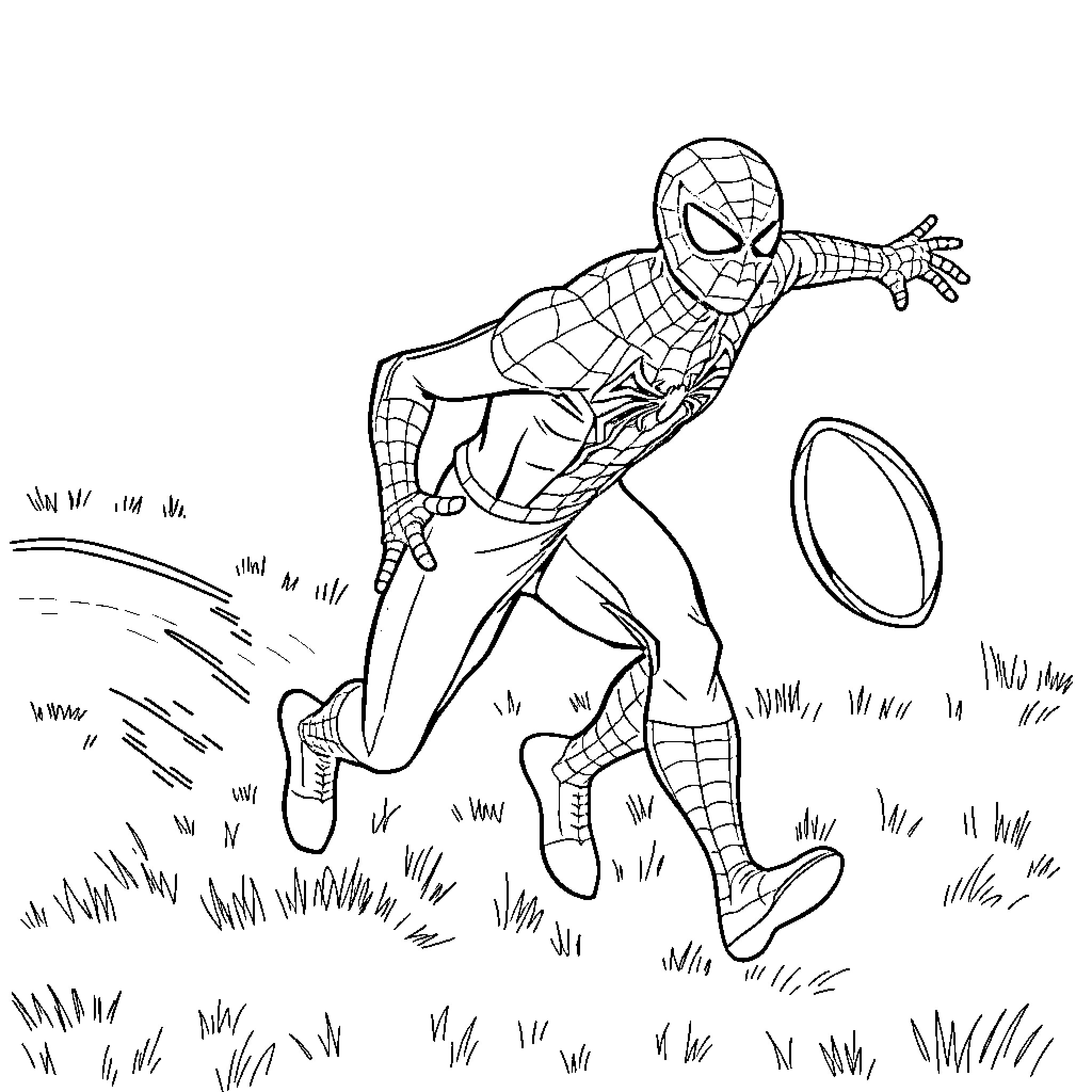 Spiderman leaping through the air with web Coloring Page (free black-and-white line drawing printable PDF for all, from beginners to advanced learners, including children, teens, adults, and seniors)