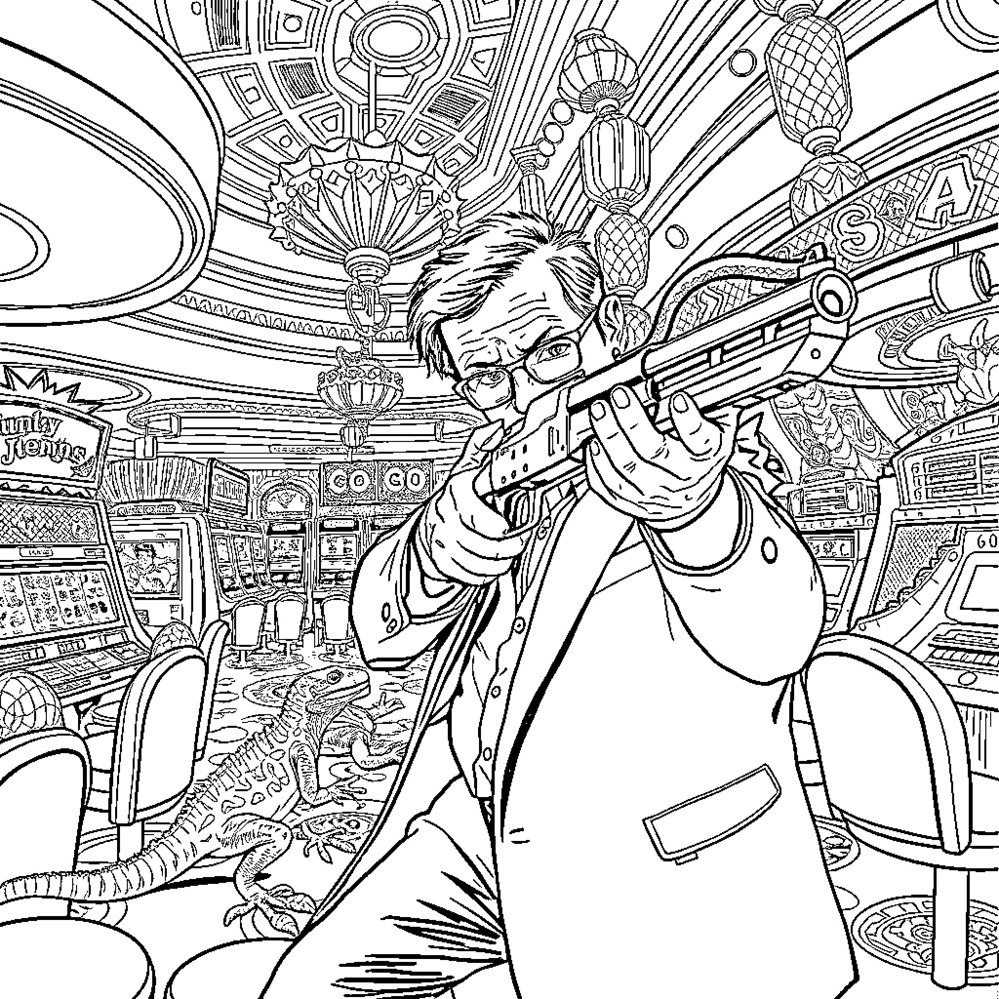 Hunter S. Thompson in a surreal and chaotic scene Coloring Page (free black-and-white line drawing printable PDF for all, from beginners to advanced learners, including children, teens, adults, and seniors)