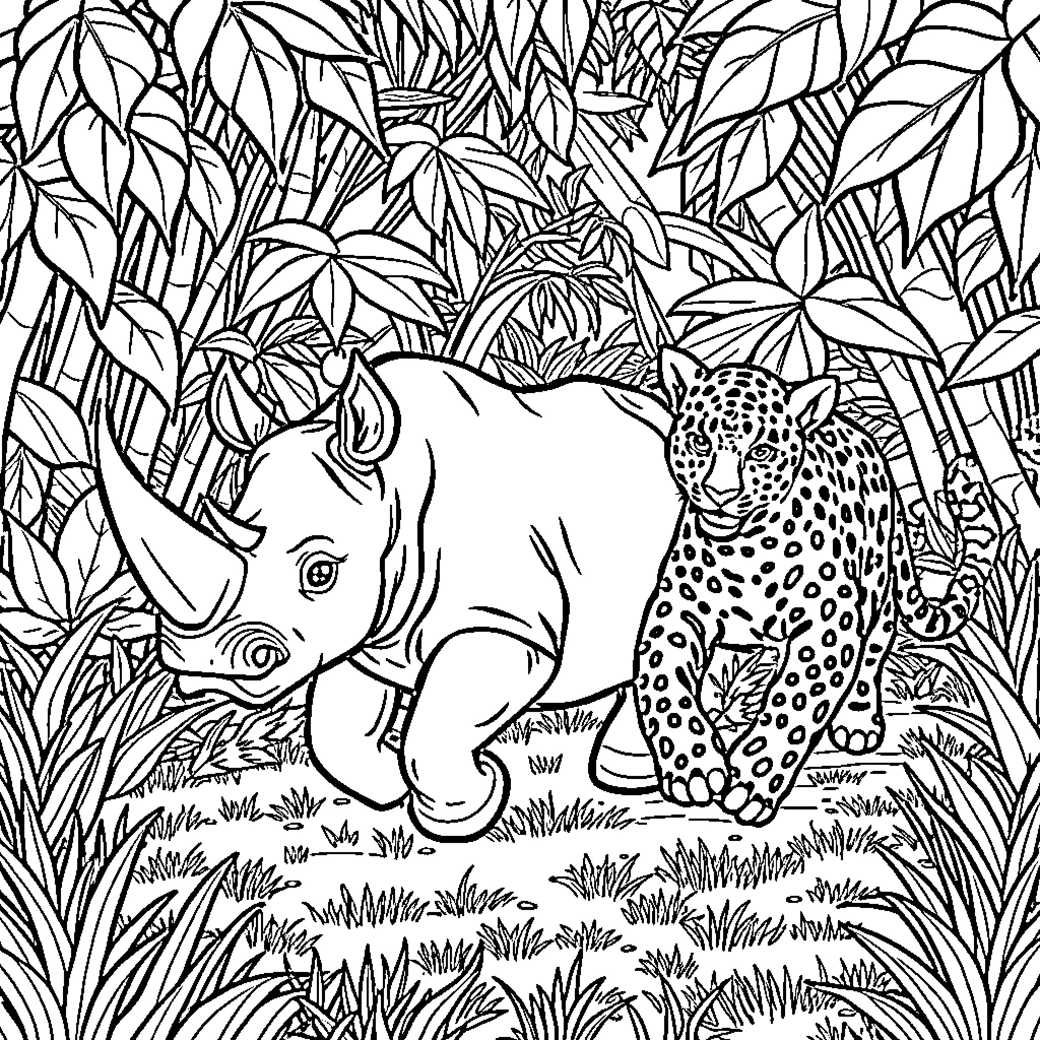 Rhinoceros and leopard exploring the lush jungle foliage Coloring Page (free black-and-white line drawing printable PDF for all, from beginners to advanced learners, including children, teens, adults, and seniors)