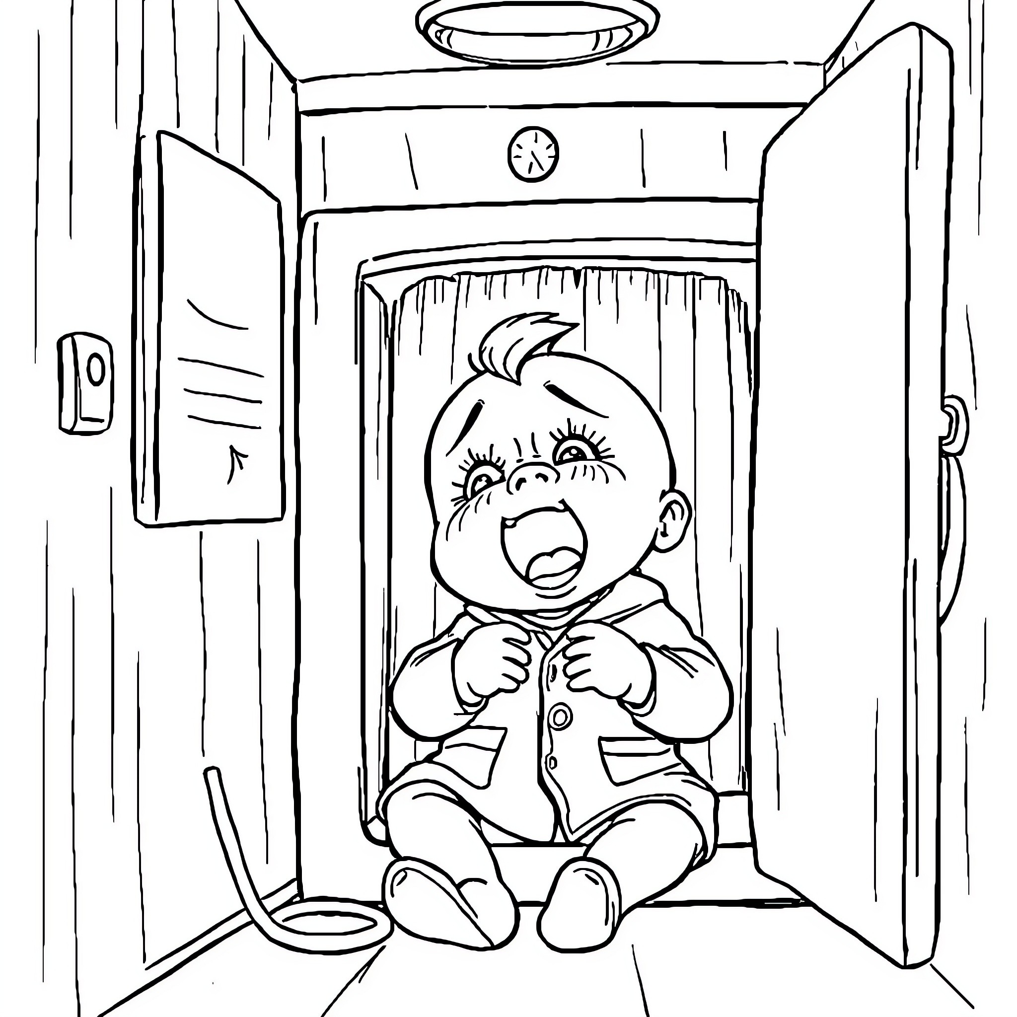 Baby in Distress Alone in Dark Room Coloring Page (free black-and-white line drawing printable PDF for all, from beginners to advanced learners, including children, teens, adults, and seniors)