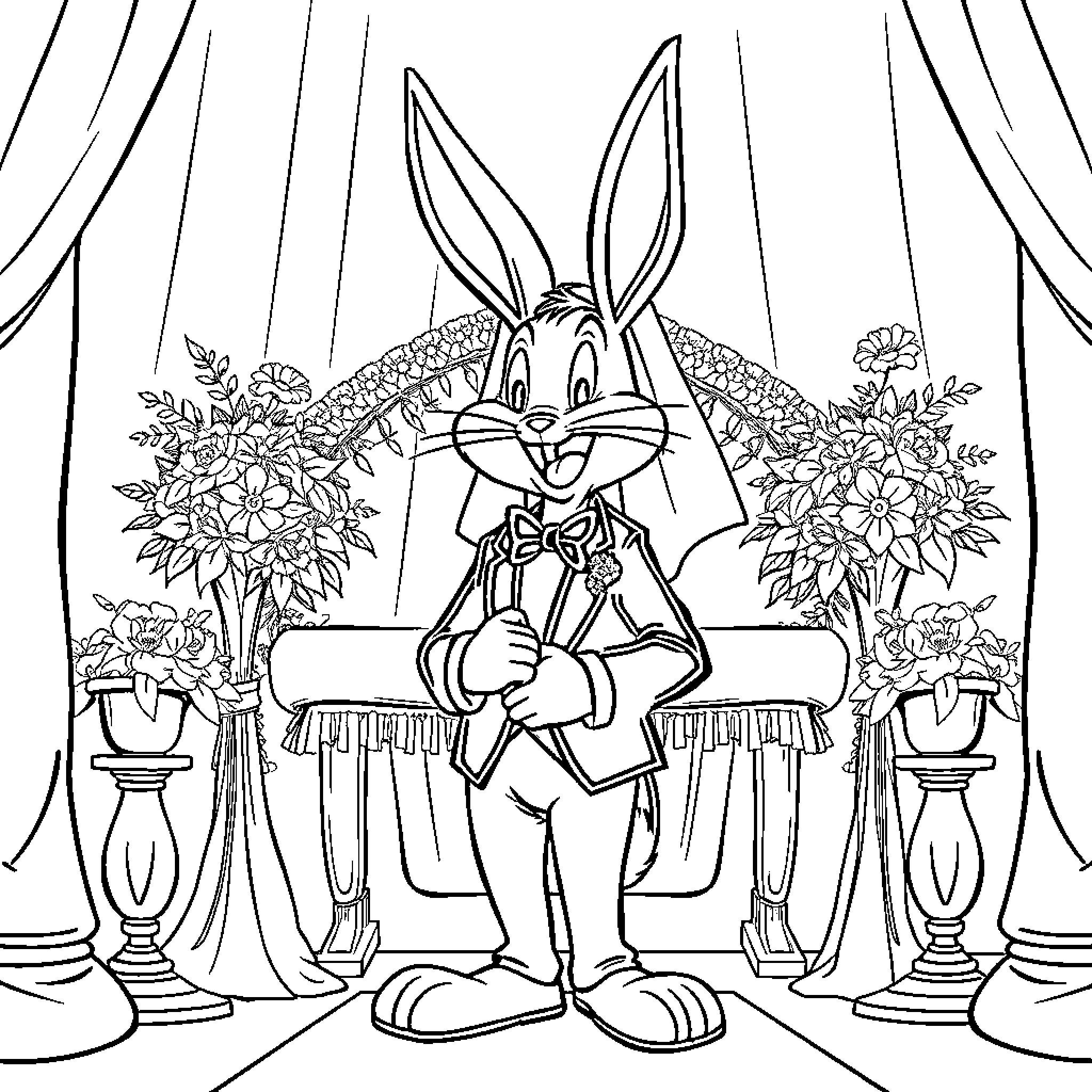 Bugs Bunny posing in a fancy stage setting Coloring Page (free black-and-white line drawing printable PDF for all, from beginners to advanced learners, including children, teens, adults, and seniors)