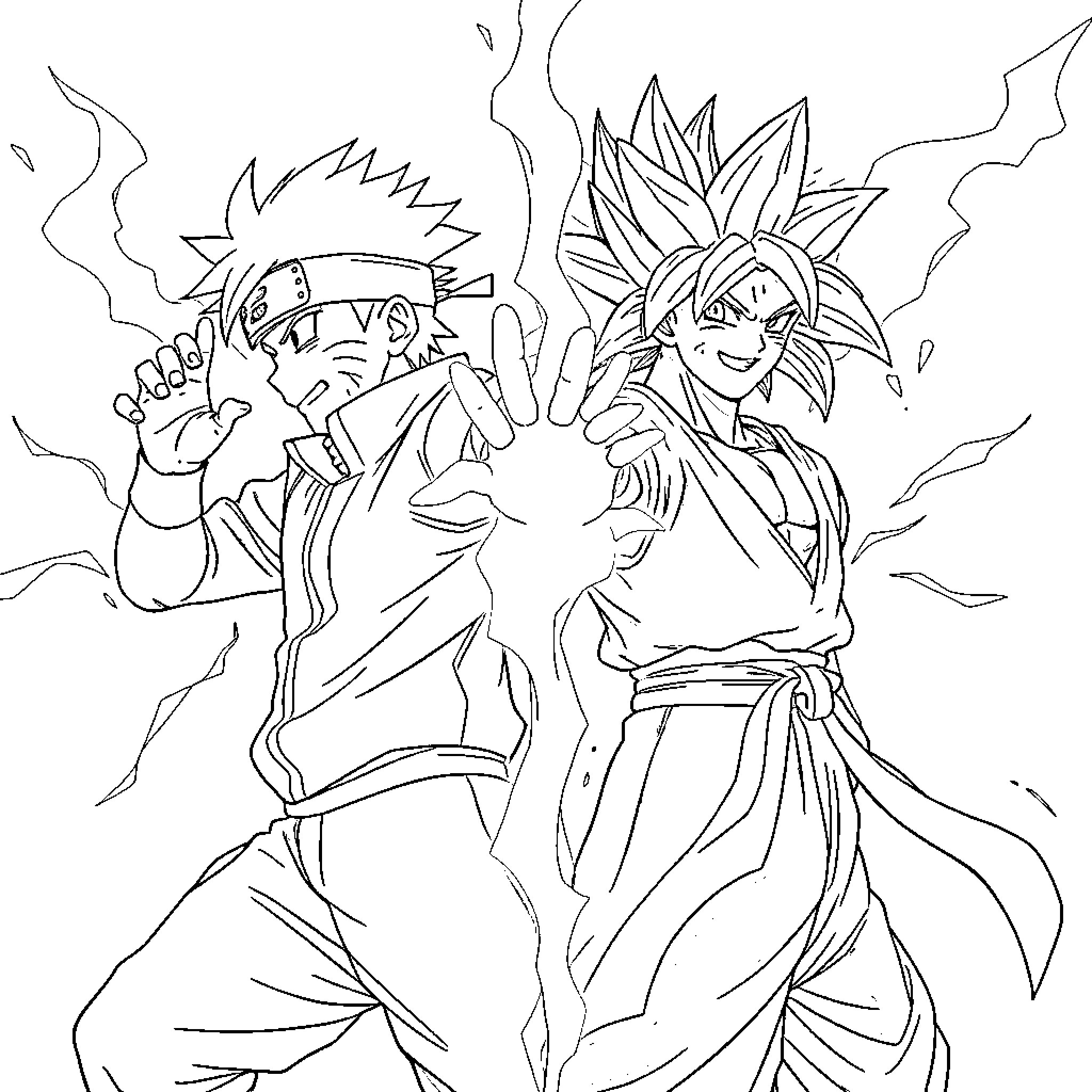 Naruto characters in intense battle poses Coloring Page (free black-and-white line drawing printable PDF for all, from beginners to advanced learners, including children, teens, adults, and seniors)