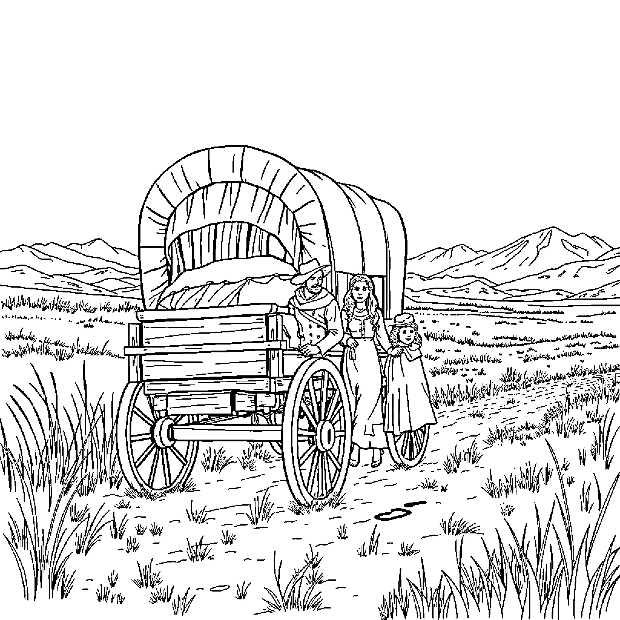Family traveling in a covered wagon through the wilderness Coloring Page (free black-and-white line drawing printable PDF for all, from beginners to advanced learners, including children, teens, adults, and seniors)