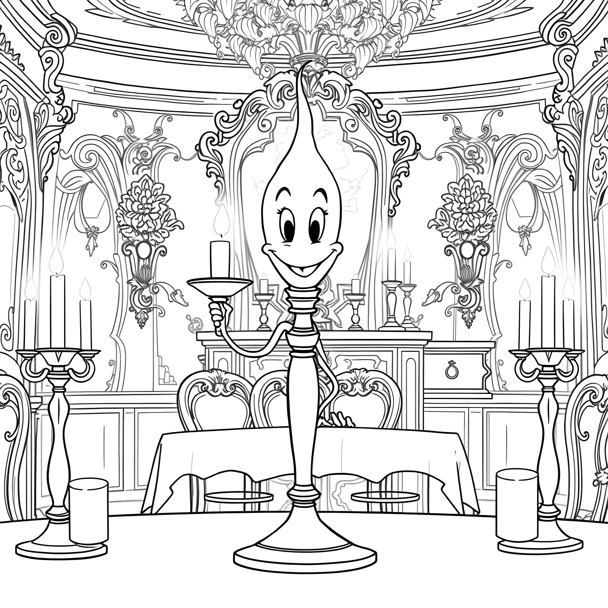 Lumiere hosting a grand dining experience Coloring Page (free black-and-white line drawing printable PDF for all, from beginners to advanced learners, including children, teens, adults, and seniors)