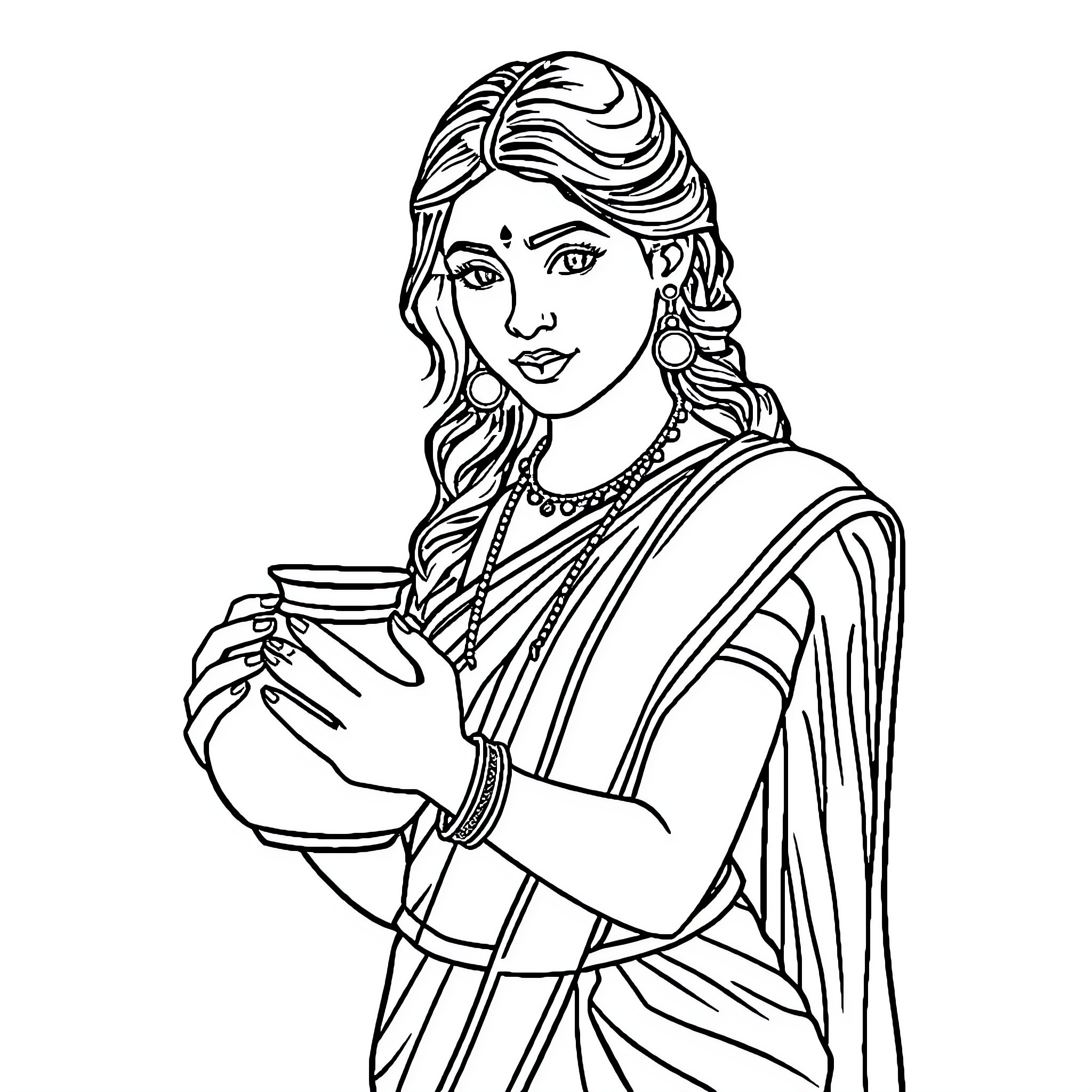 Girl in traditional Indian attire holding a cup Coloring Page (free black-and-white line drawing printable PDF for all, from beginners to advanced learners, including children, teens, adults, and seniors)