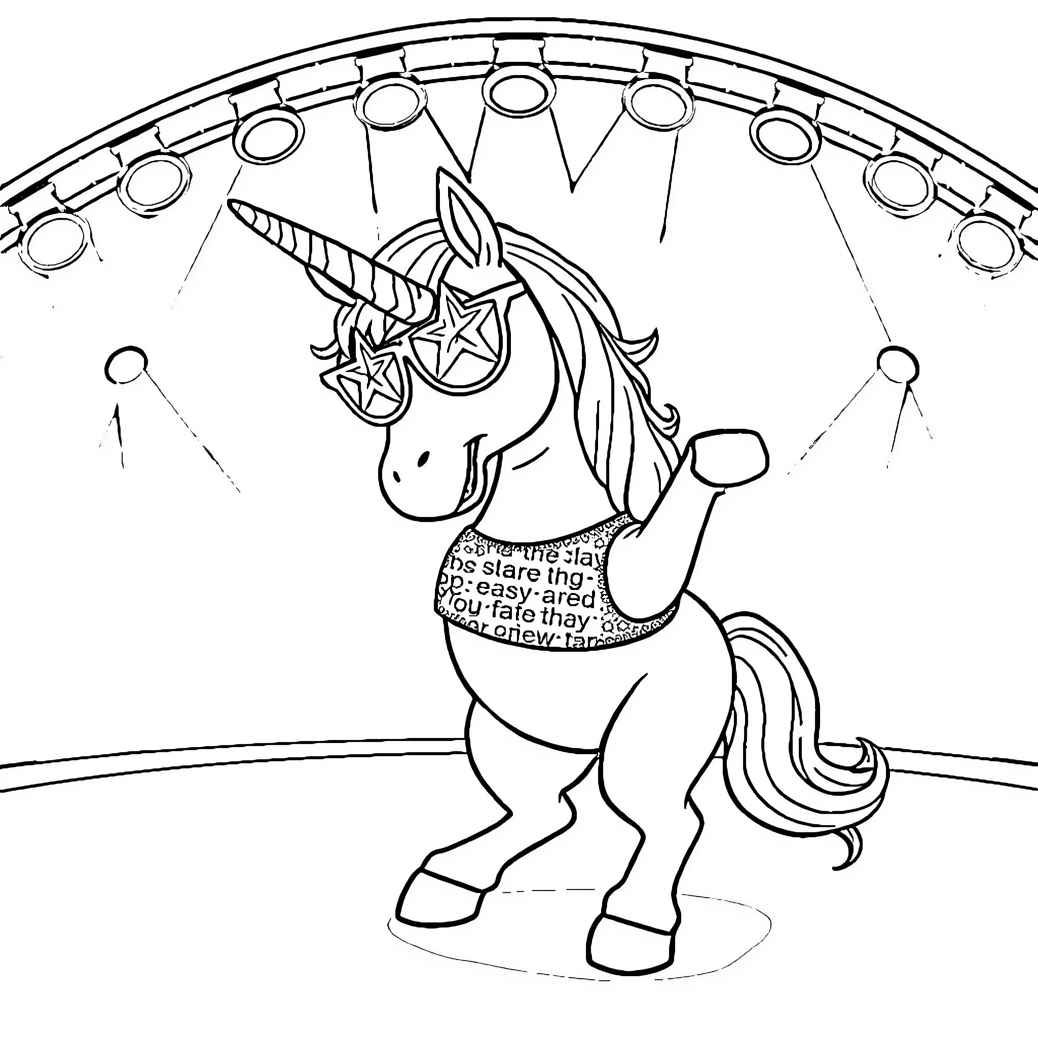 Unicorn performing in a circus ring Coloring Page (free black-and-white line drawing printable PDF for all, from beginners to advanced learners, including children, teens, adults, and seniors)