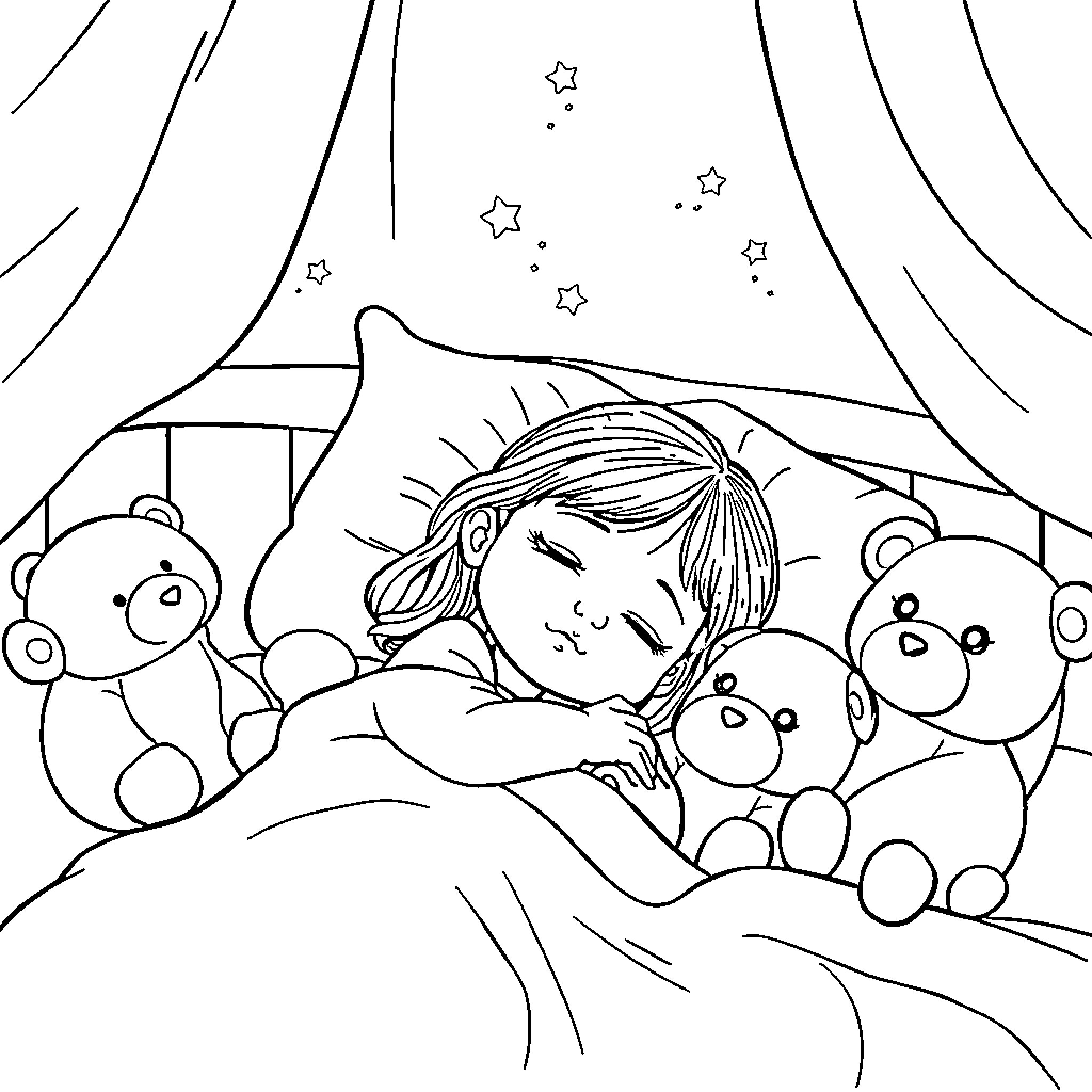 Girl sleeping peacefully with stuffed animals Coloring Page (free black-and-white line drawing printable PDF for all, from beginners to advanced learners, including children, teens, adults, and seniors)
