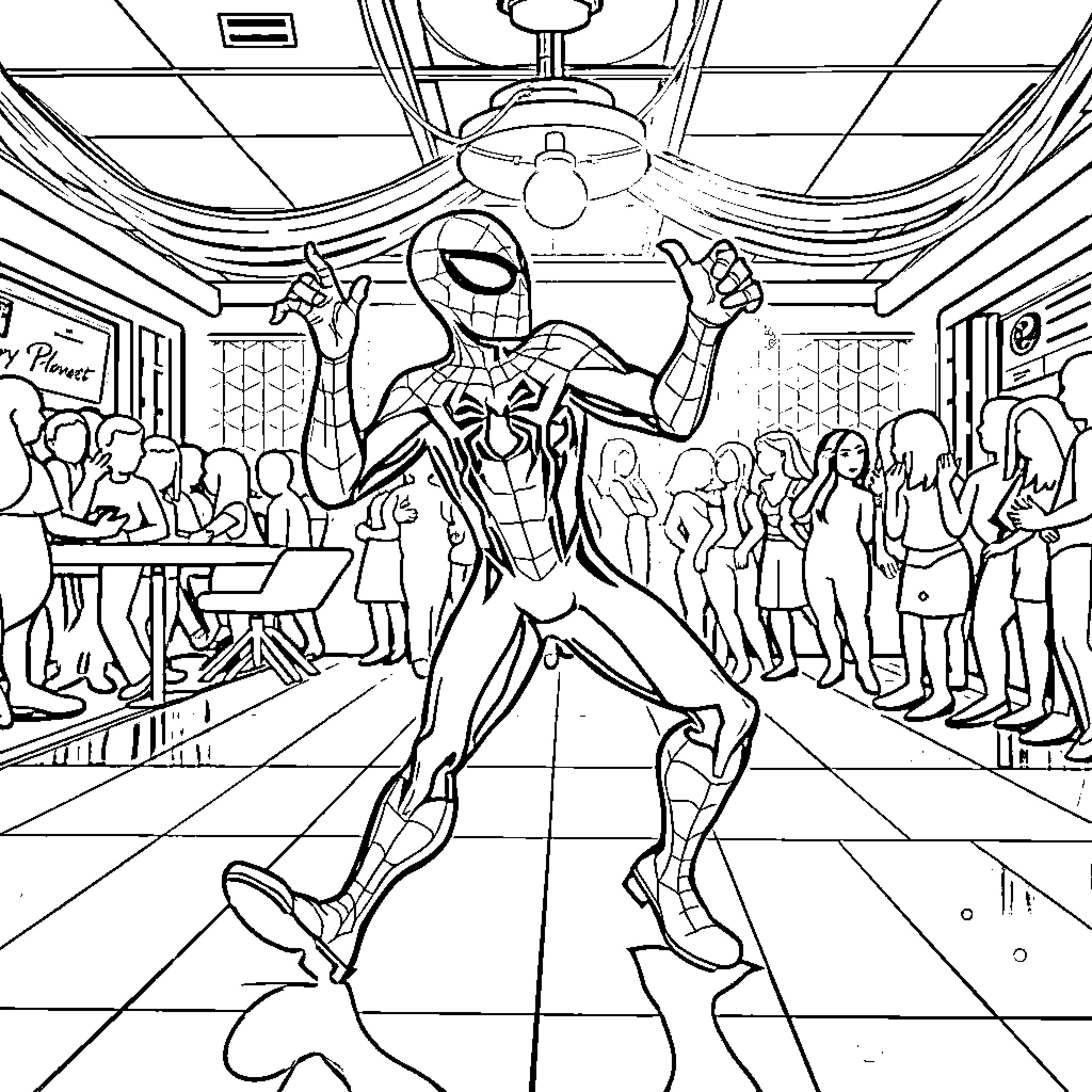 Spidey dancing energetically in a lively crowd Coloring Page (free black-and-white line drawing printable PDF for all, from beginners to advanced learners, including children, teens, adults, and seniors)