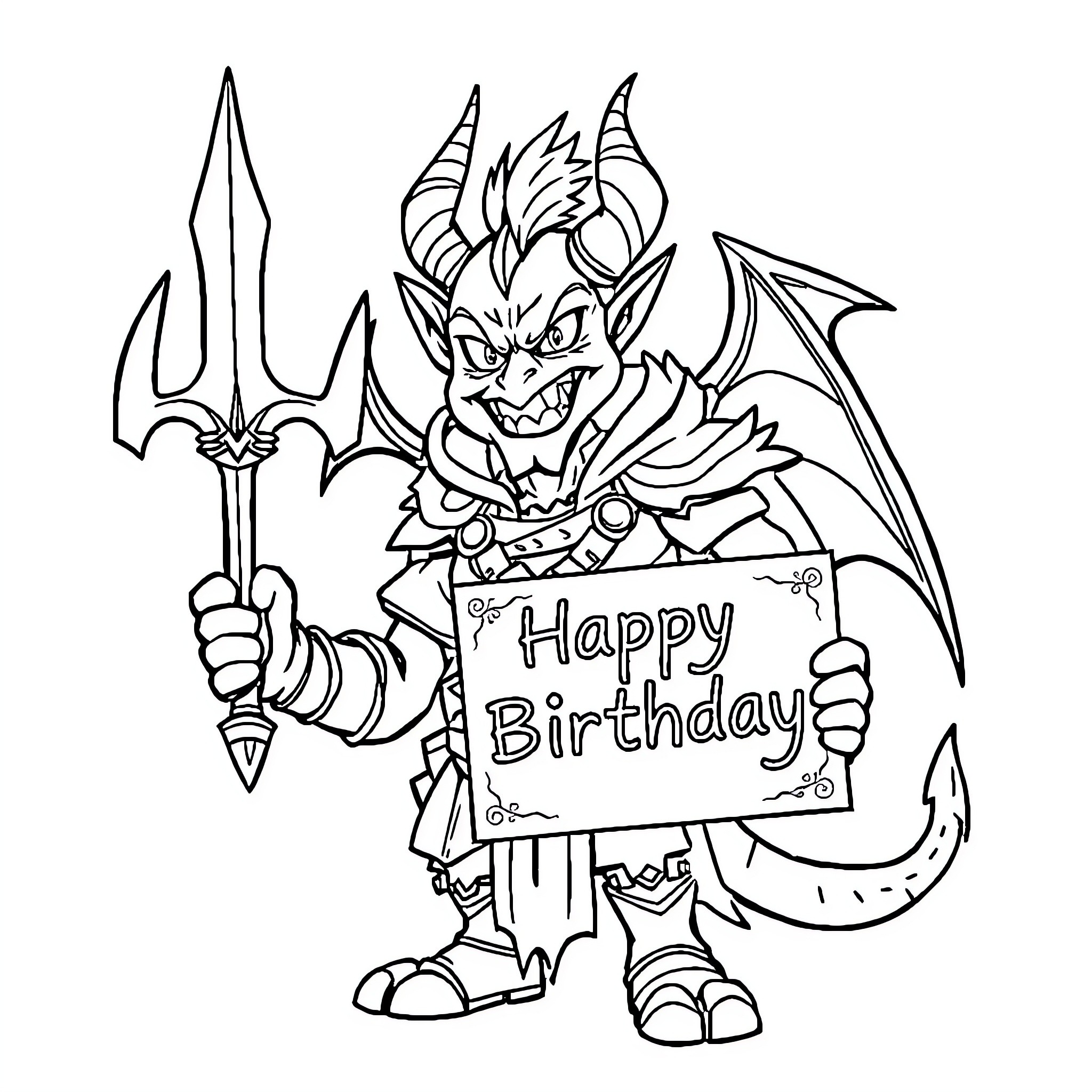 Demon Slayer Character Celebrates Birthday with Sword and Banner Coloring Page (free black-and-white line drawing printable PDF for all, from beginners to advanced learners, including children, teens, adults, and seniors)