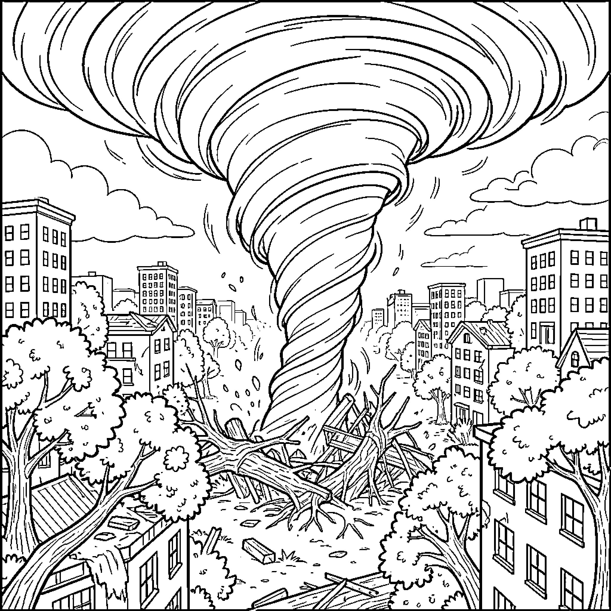 Tornado sweeping through a city destroying buildings and trees Coloring Page (free black-and-white line drawing printable PDF for all, from beginners to advanced learners, including children, teens, adults, and seniors)