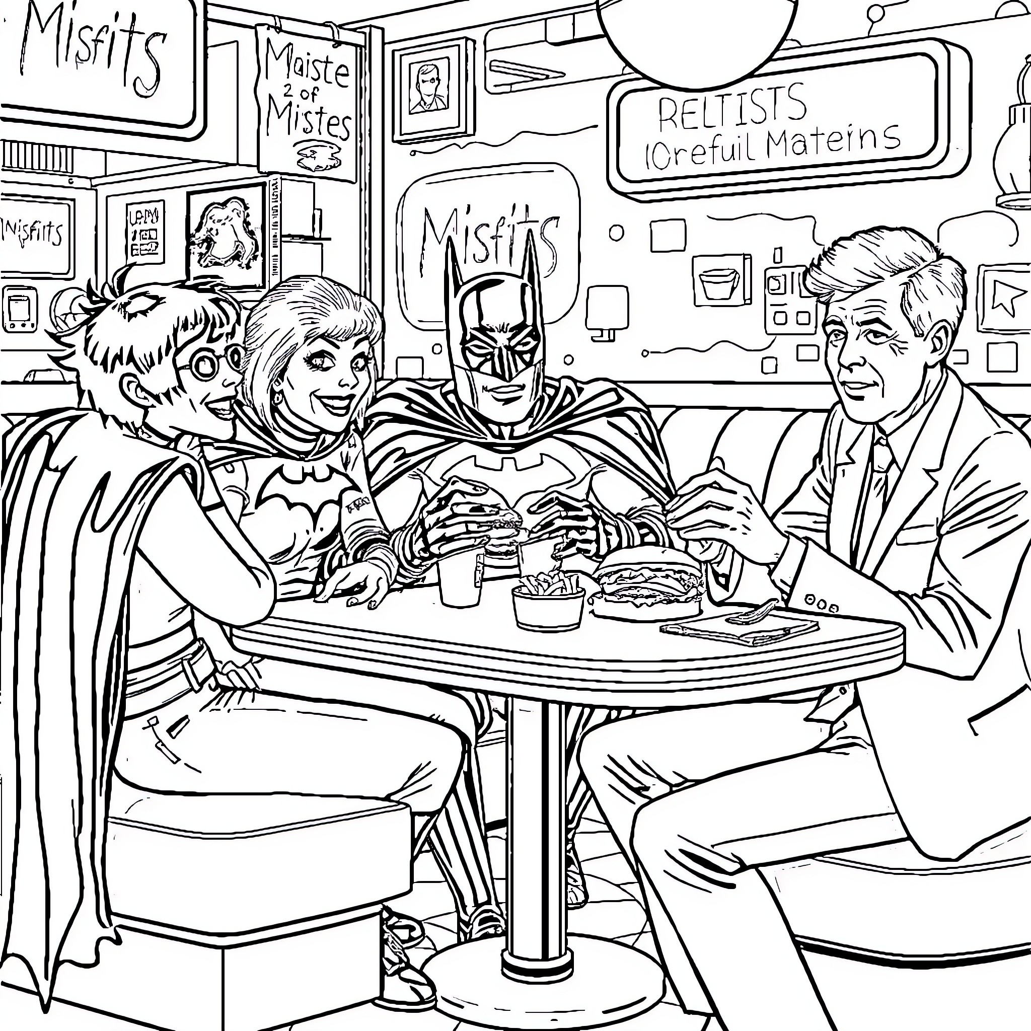 Misfits Enjoying a Meal in the Misfit Café Coloring Page (free black-and-white line drawing printable PDF for all, from beginners to advanced learners, including children, teens, adults, and seniors)