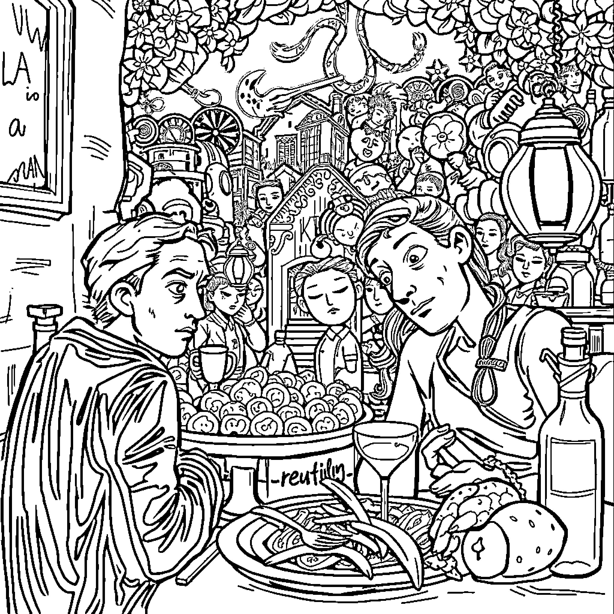 Italian Friends Enjoying a Lively Gathering Coloring Page (free black-and-white line drawing printable PDF for all, from beginners to advanced learners, including children, teens, adults, and seniors)