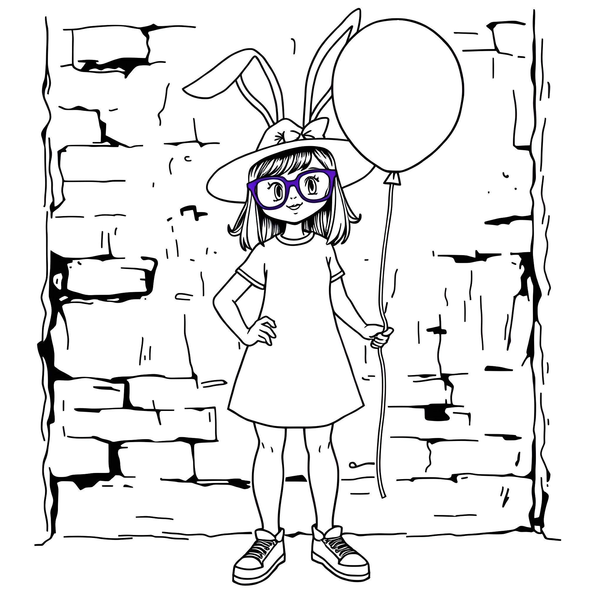 Louise explores the city in a bunny costume Coloring Page (free black-and-white line drawing printable PDF for all, from beginners to advanced learners, including children, teens, adults, and seniors)