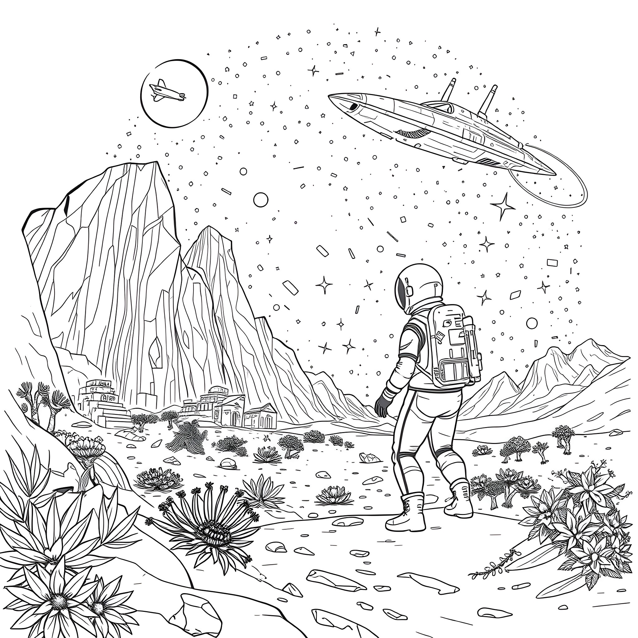 Discovery of an alien spaceship in a rocky landscape Coloring Page (free black-and-white line drawing printable PDF for all, from beginners to advanced learners, including children, teens, adults, and seniors)
