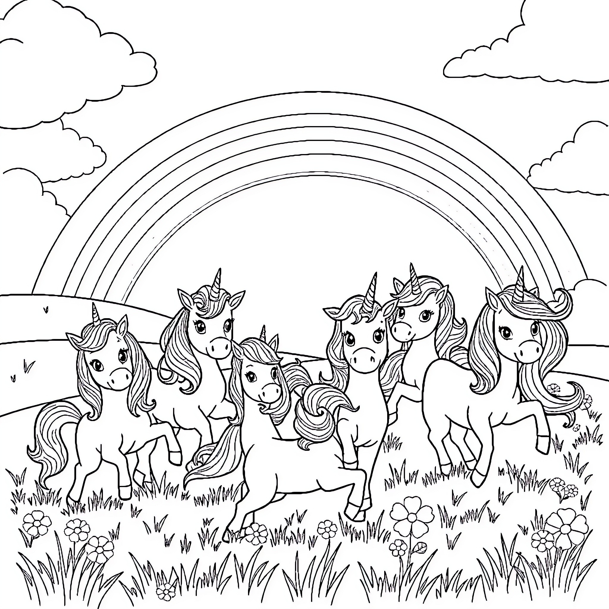 Unicorn Family Enjoying the Meadow Coloring Page (free black-and-white line drawing printable PDF for all, from beginners to advanced learners, including children, teens, adults, and seniors)