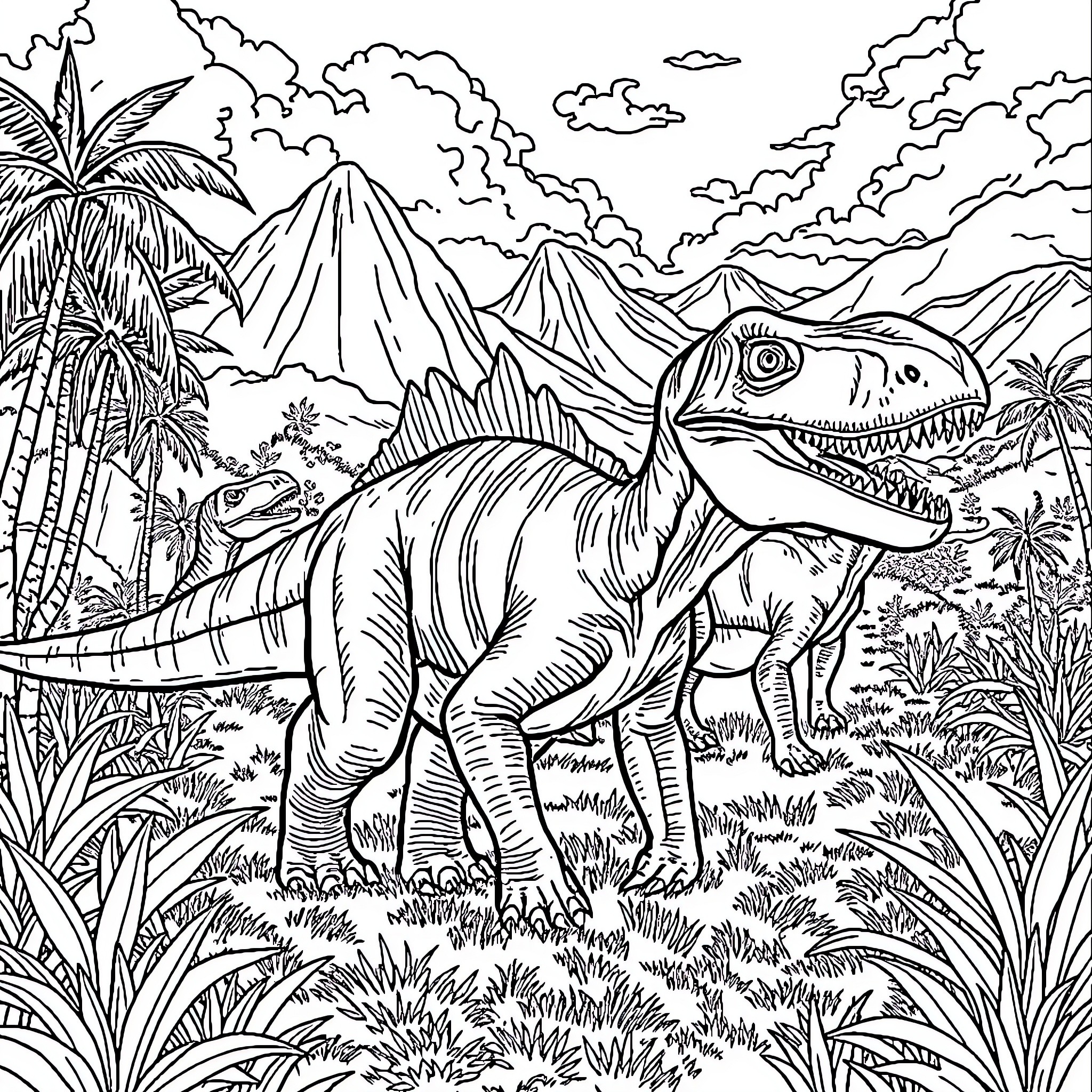 Dinosaur roaming in lush prehistoric landscape Coloring Page (free black-and-white line drawing printable PDF for all, from beginners to advanced learners, including children, teens, adults, and seniors)