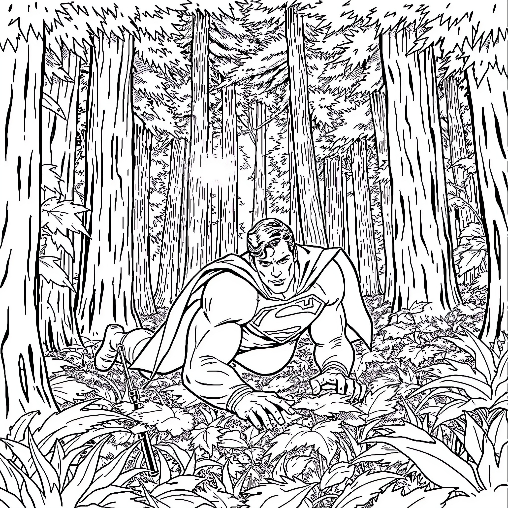 Superman resting in the enchanted forest Coloring Page (free black-and-white line drawing printable PDF for all, from beginners to advanced learners, including children, teens, adults, and seniors)