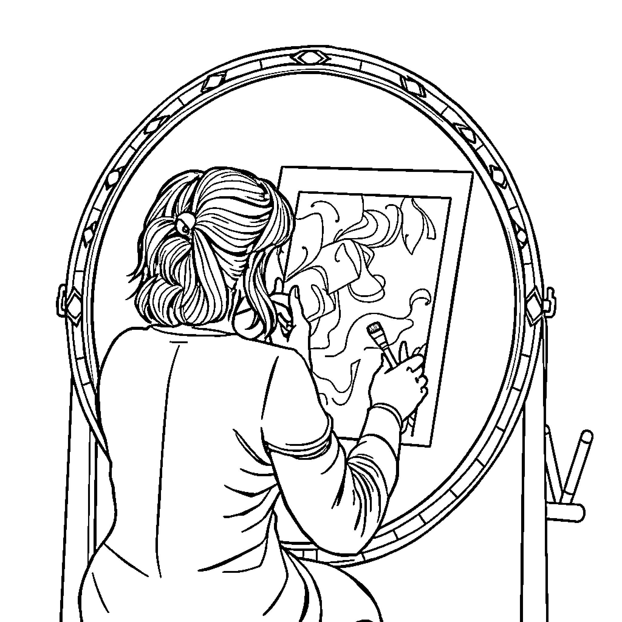 Self Portrait of an Artist at Work Coloring Page (free black-and-white line drawing printable PDF for all, from beginners to advanced learners, including children, teens, adults, and seniors)