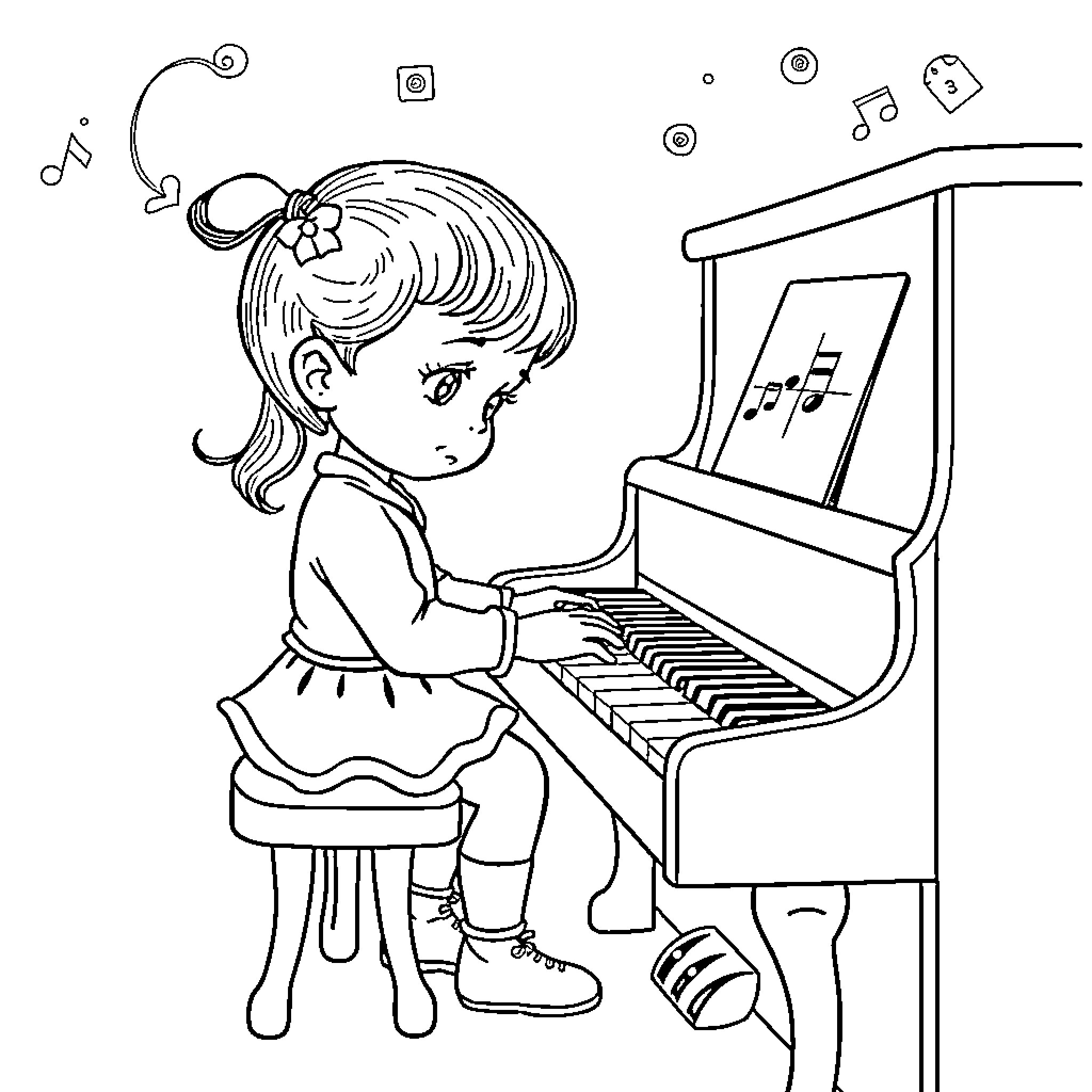 Nena's Playful Piano Performance Coloring Page (free black-and-white line drawing printable PDF for all, from beginners to advanced learners, including children, teens, adults, and seniors)