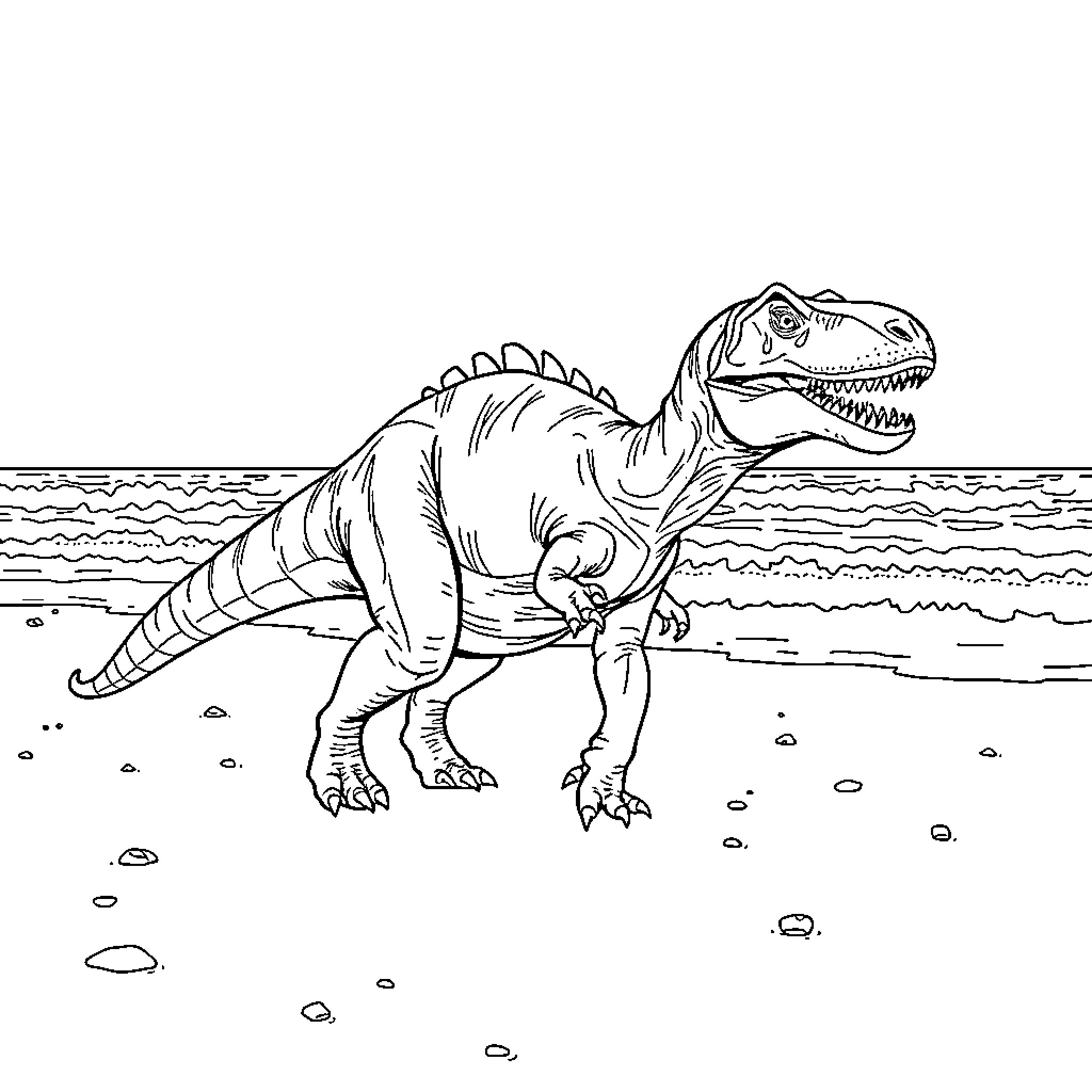 Dinosaur stomping on the prehistoric landscape Coloring Page (free black-and-white line drawing printable PDF for all, from beginners to advanced learners, including children, teens, adults, and seniors)
