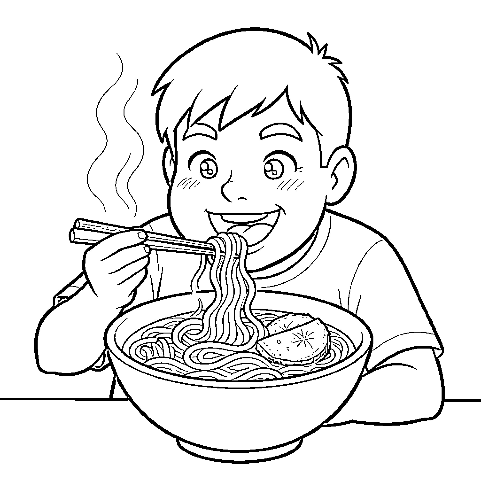 Garu Enjoying a Hearty Bowl of Noodles Coloring Page (free black-and-white line drawing printable PDF for all, from beginners to advanced learners, including children, teens, adults, and seniors)