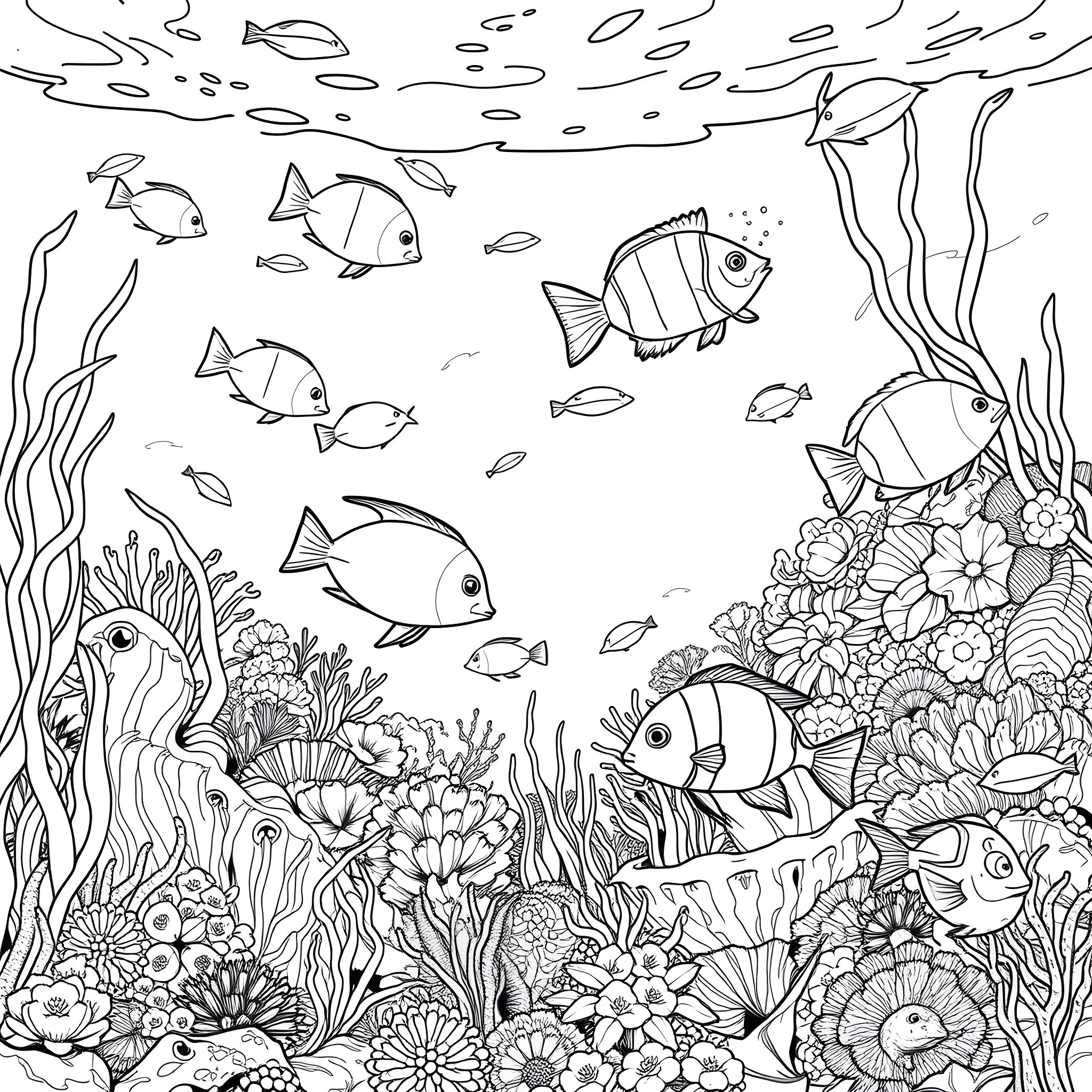 Tropical Fish Swimming Amongst Vibrant Underwater Foliage Coloring Page (free black-and-white line drawing printable PDF for all, from beginners to advanced learners, including children, teens, adults, and seniors)