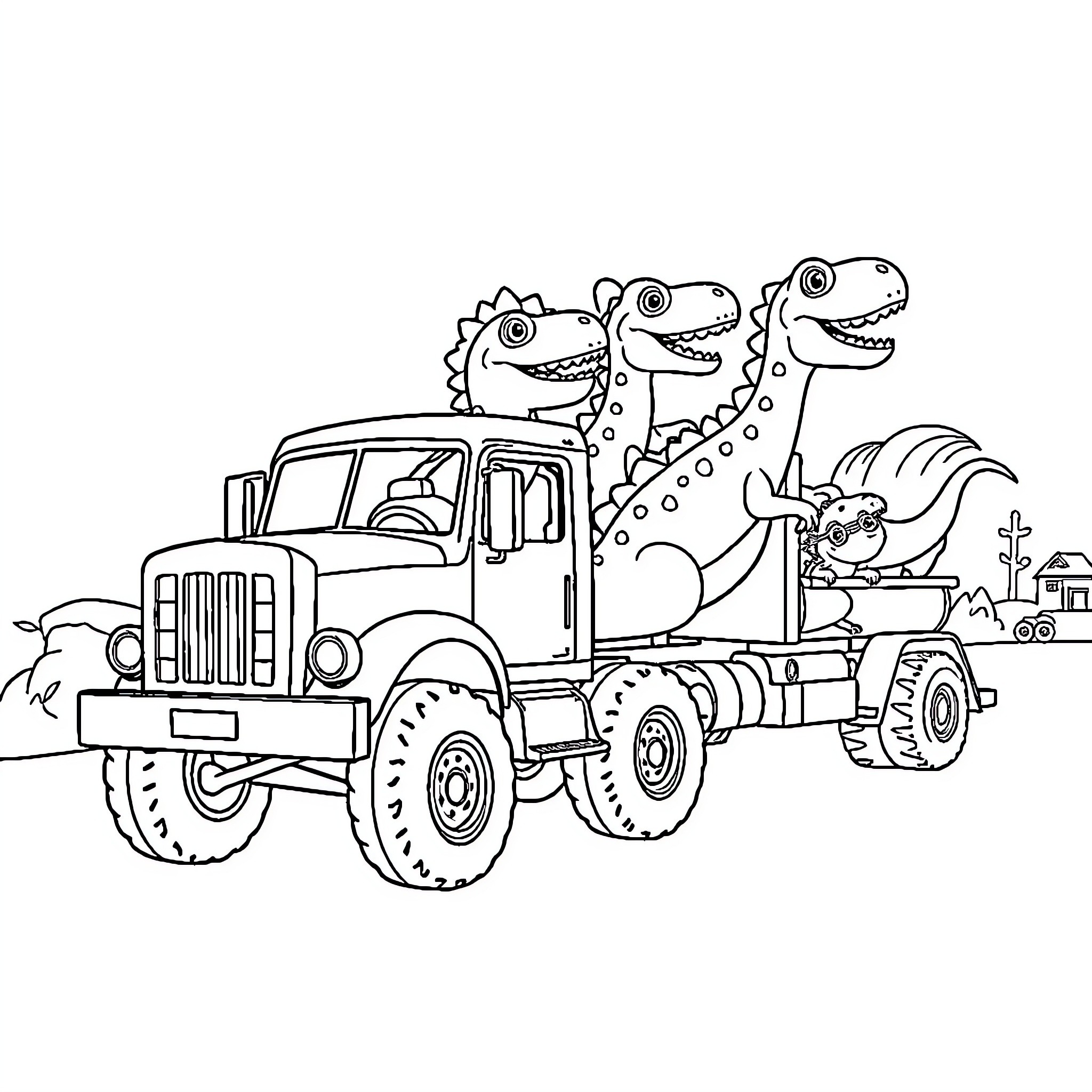 Dinosaurs riding in a truck Coloring Page (free black-and-white line drawing printable PDF for all, from beginners to advanced learners, including children, teens, adults, and seniors)