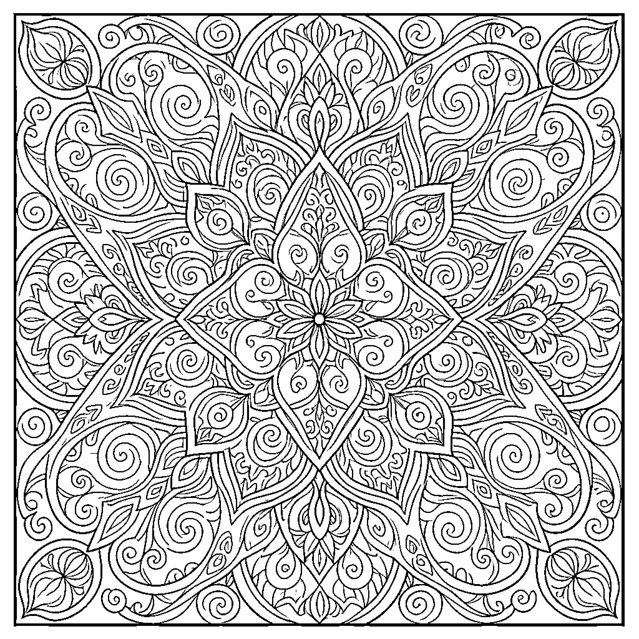 Mandala of intricate floral patterns and swirls Coloring Page (free black-and-white line drawing printable PDF for all, from beginners to advanced learners, including children, teens, adults, and seniors)