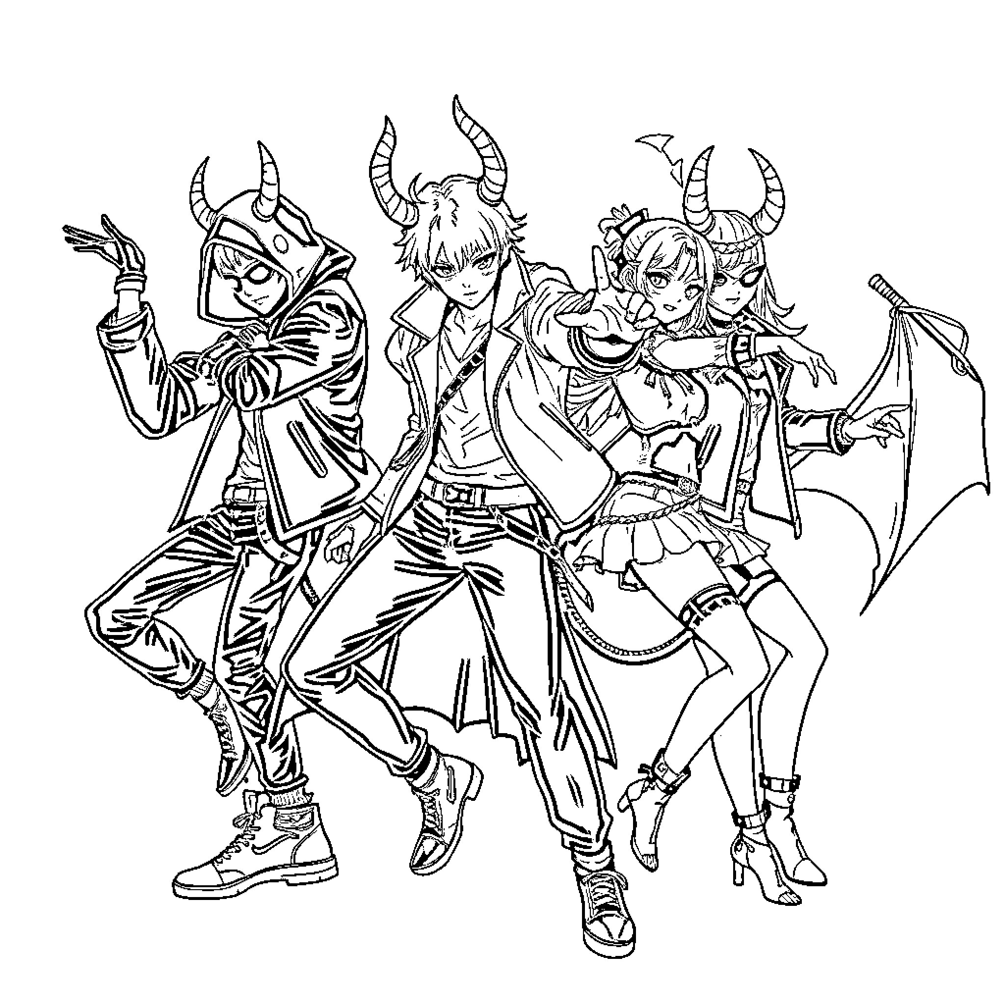 Demon Hunter Trio in Fierce Attire and Poses Coloring Page (free black-and-white line drawing printable PDF for all, from beginners to advanced learners, including children, teens, adults, and seniors)