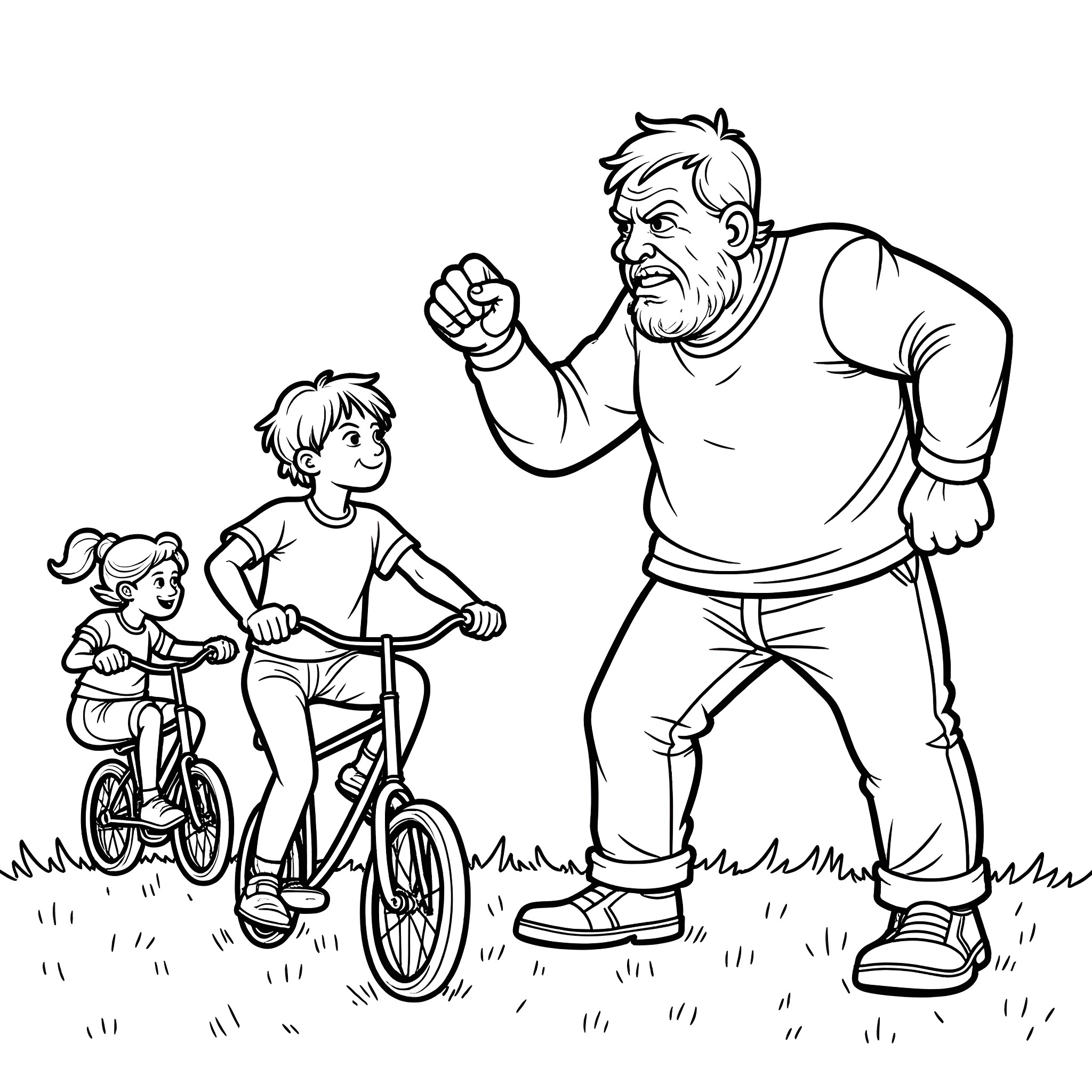 Man teaching children how to ride bicycles Coloring Page (free black-and-white line drawing printable PDF for all, from beginners to advanced learners, including children, teens, adults, and seniors)