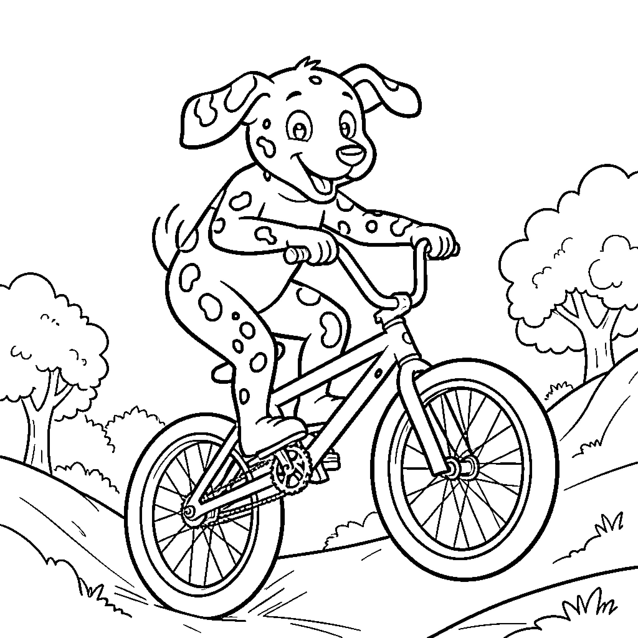 Dalmatian riding a bicycle in the countryside Coloring Page (free black-and-white line drawing printable PDF for all, from beginners to advanced learners, including children, teens, adults, and seniors)