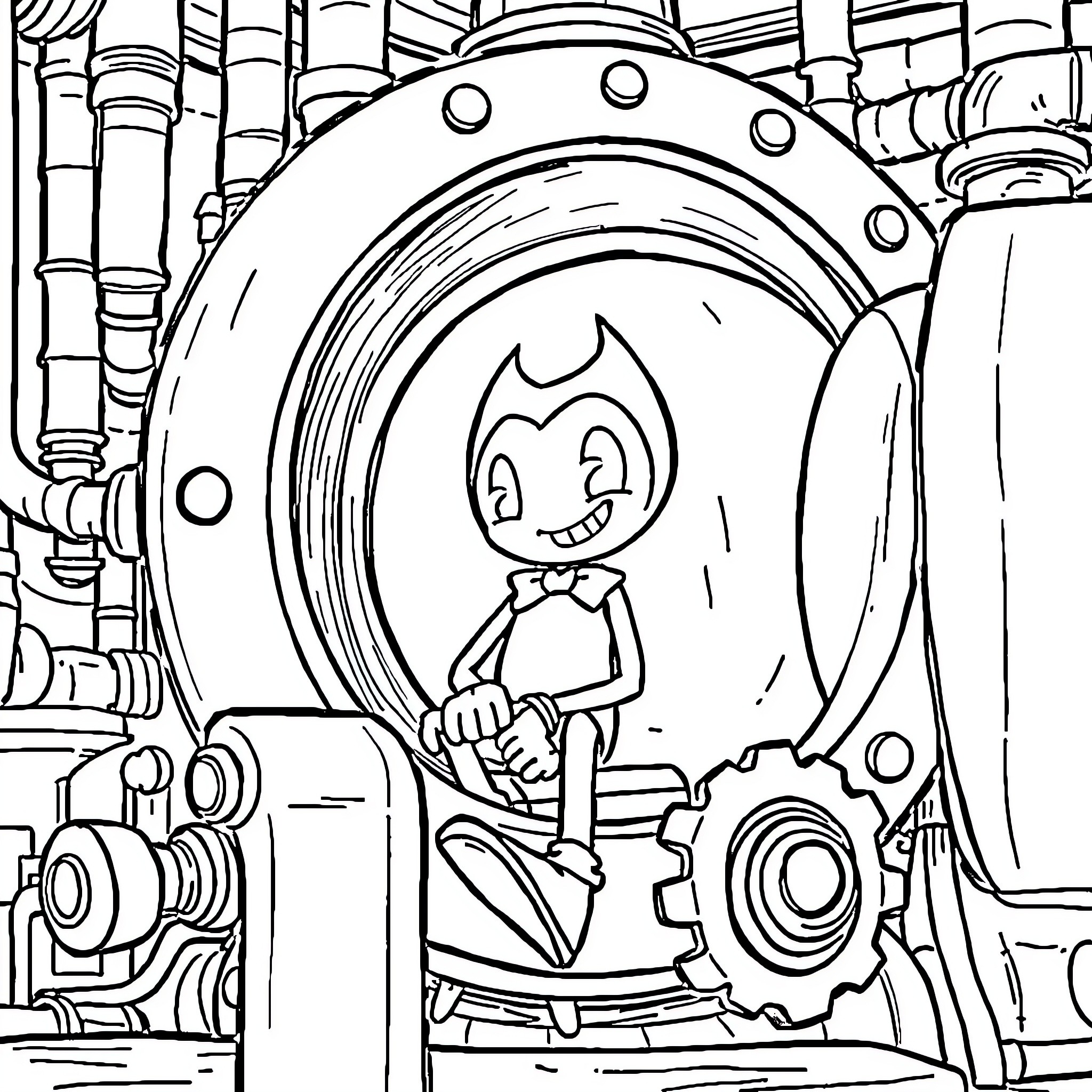 Bendy sitting in whimsical mechanical contraption Coloring Page (free black-and-white line drawing printable PDF for all, from beginners to advanced learners, including children, teens, adults, and seniors)