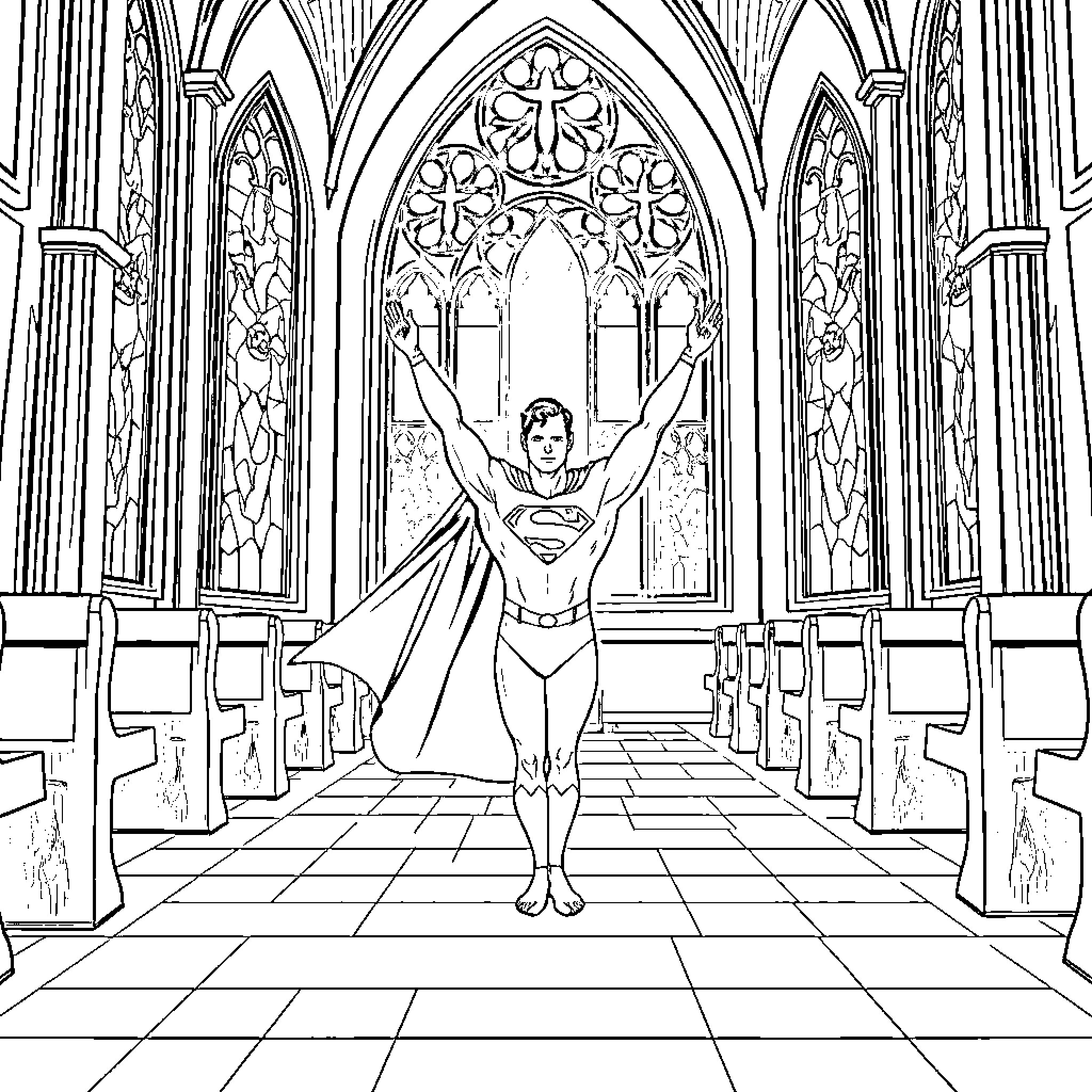 Superman posing heroically in a grand cathedral Coloring Page (free black-and-white line drawing printable PDF for all, from beginners to advanced learners, including children, teens, adults, and seniors)