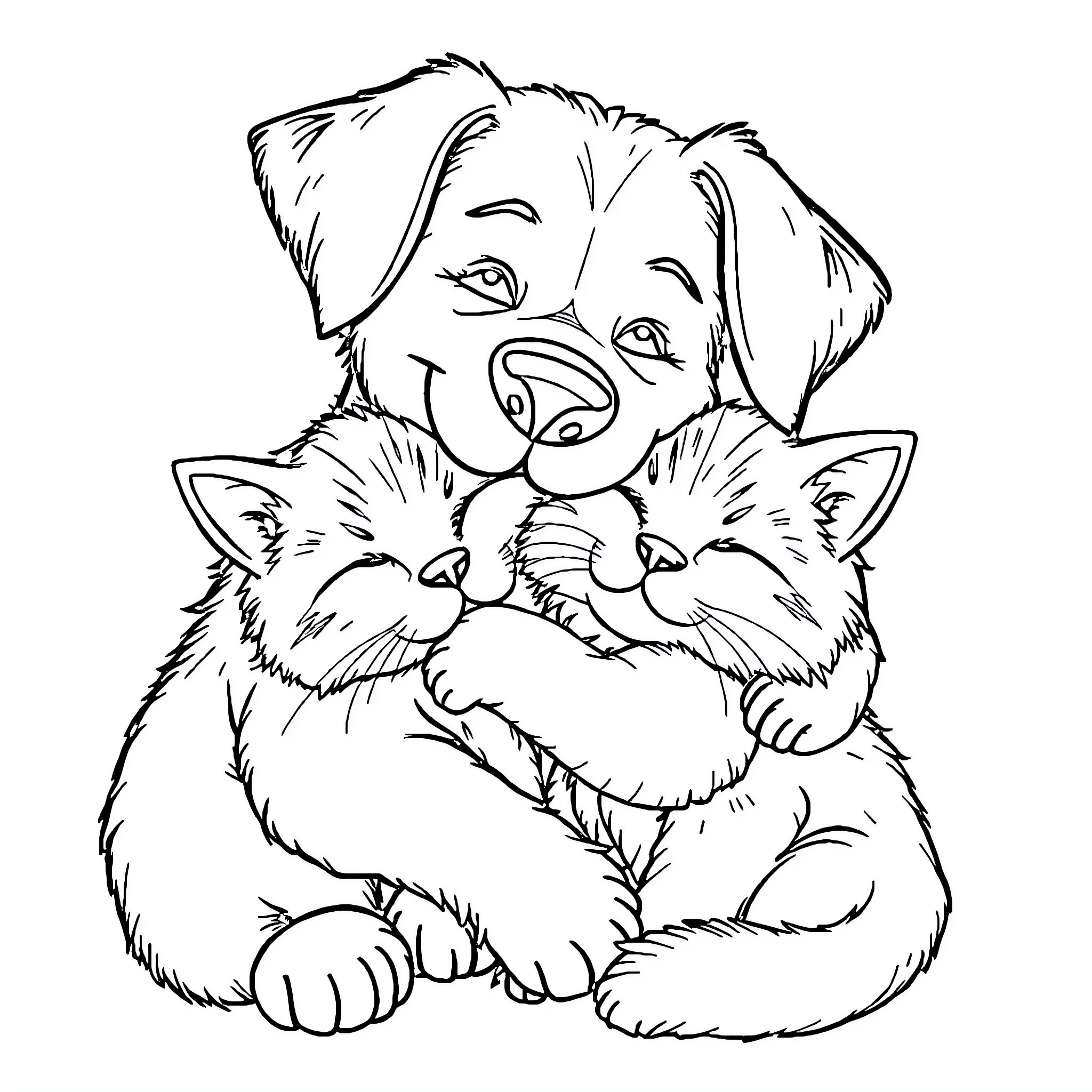 Dog cuddling affectionately with a cat Coloring Page (free black-and-white line drawing printable PDF for all, from beginners to advanced learners, including children, teens, adults, and seniors)