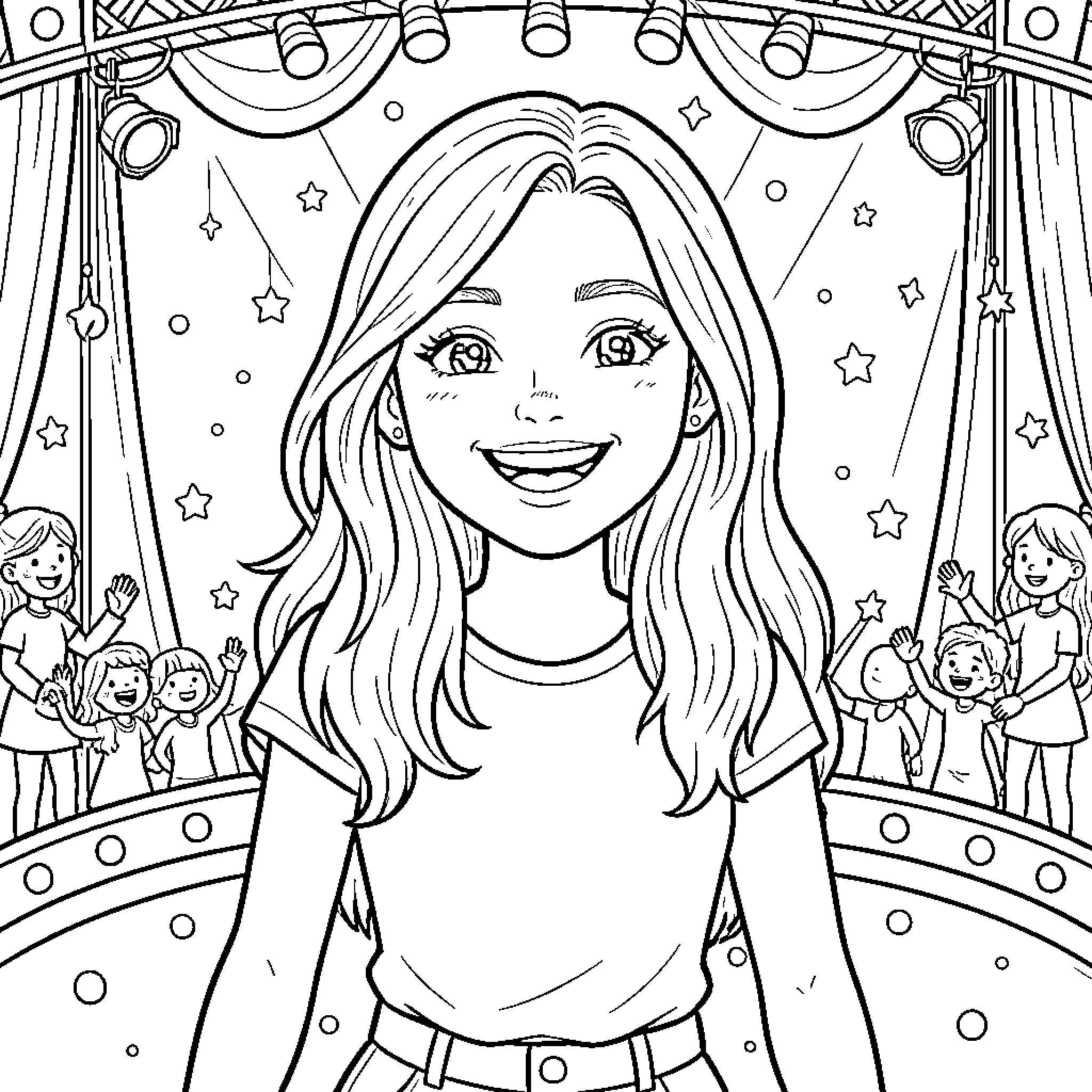 Tini Stoessel performing on stage with her fans Coloring Page (free black-and-white line drawing printable PDF for all, from beginners to advanced learners, including children, teens, adults, and seniors)