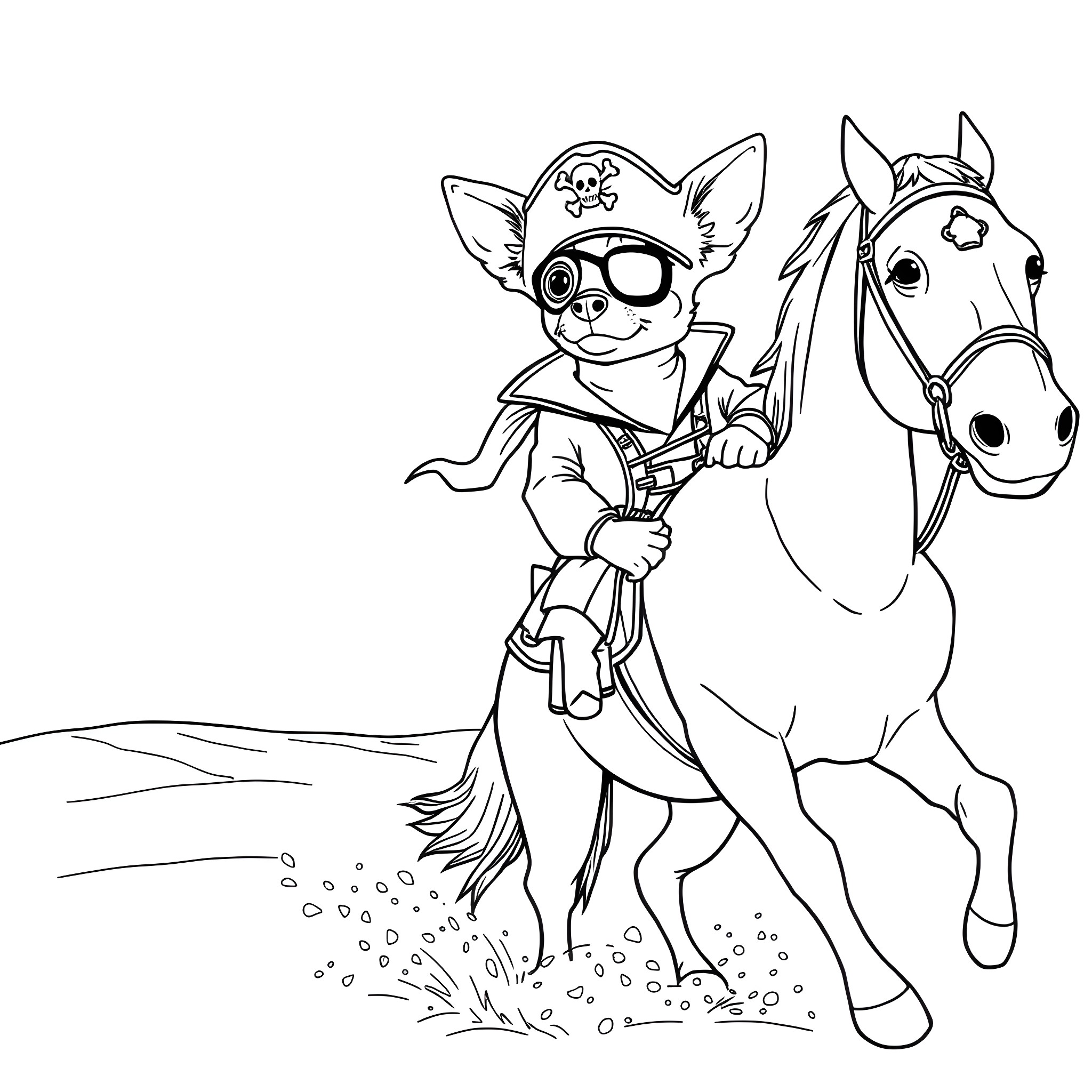 Pirate Chihuahua Riding a Horse on an Adventure Coloring Page (free black-and-white line drawing printable PDF for all, from beginners to advanced learners, including children, teens, adults, and seniors)