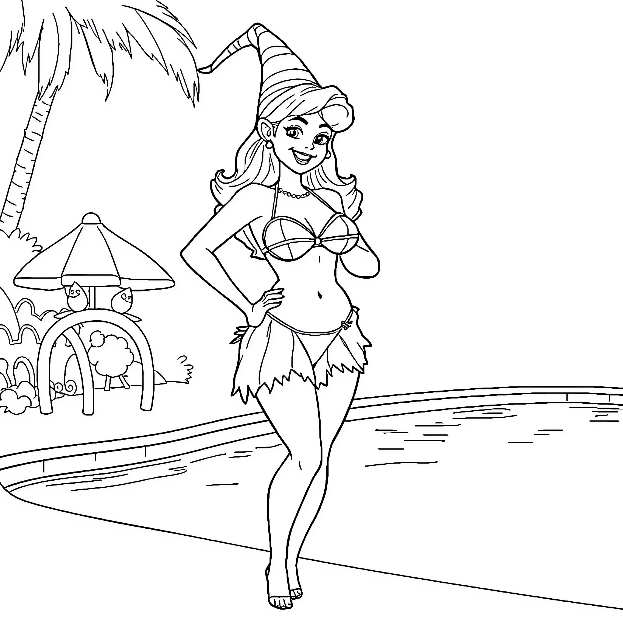 Glinda's Tropical Vacation Adventure Coloring Page (free black-and-white line drawing printable PDF for all, from beginners to advanced learners, including children, teens, adults, and seniors)
